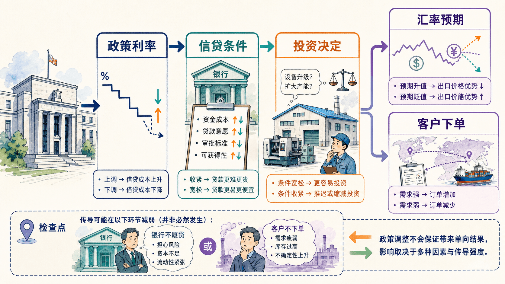 政策利率经由信贷条件、投资决定、汇率预期和客户下单传导到企业