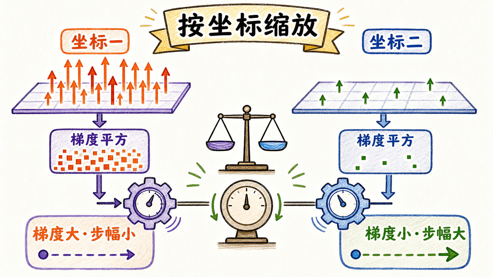 RMSProp 按各坐标近期梯度平方调整步幅