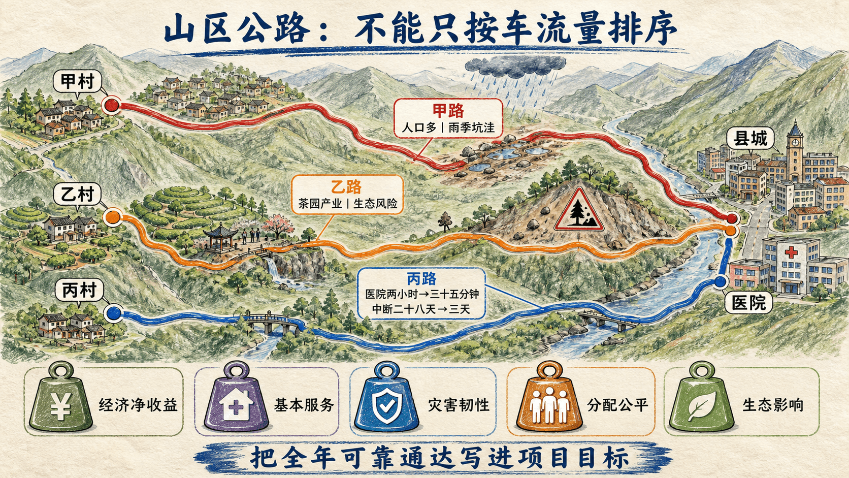 手绘青岚县甲乙丙三条候选村路地图,对比人口、茶园产业、医院时间、雨季中断、生态风险及五类评价标准