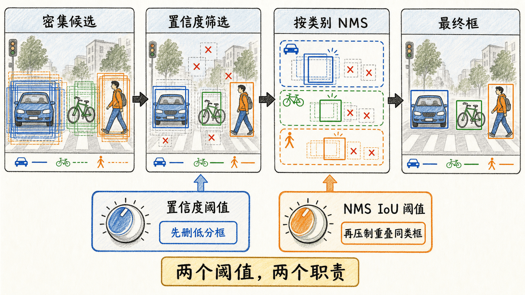 从密集候选到置信度筛选、按类别 NMS 与最终框