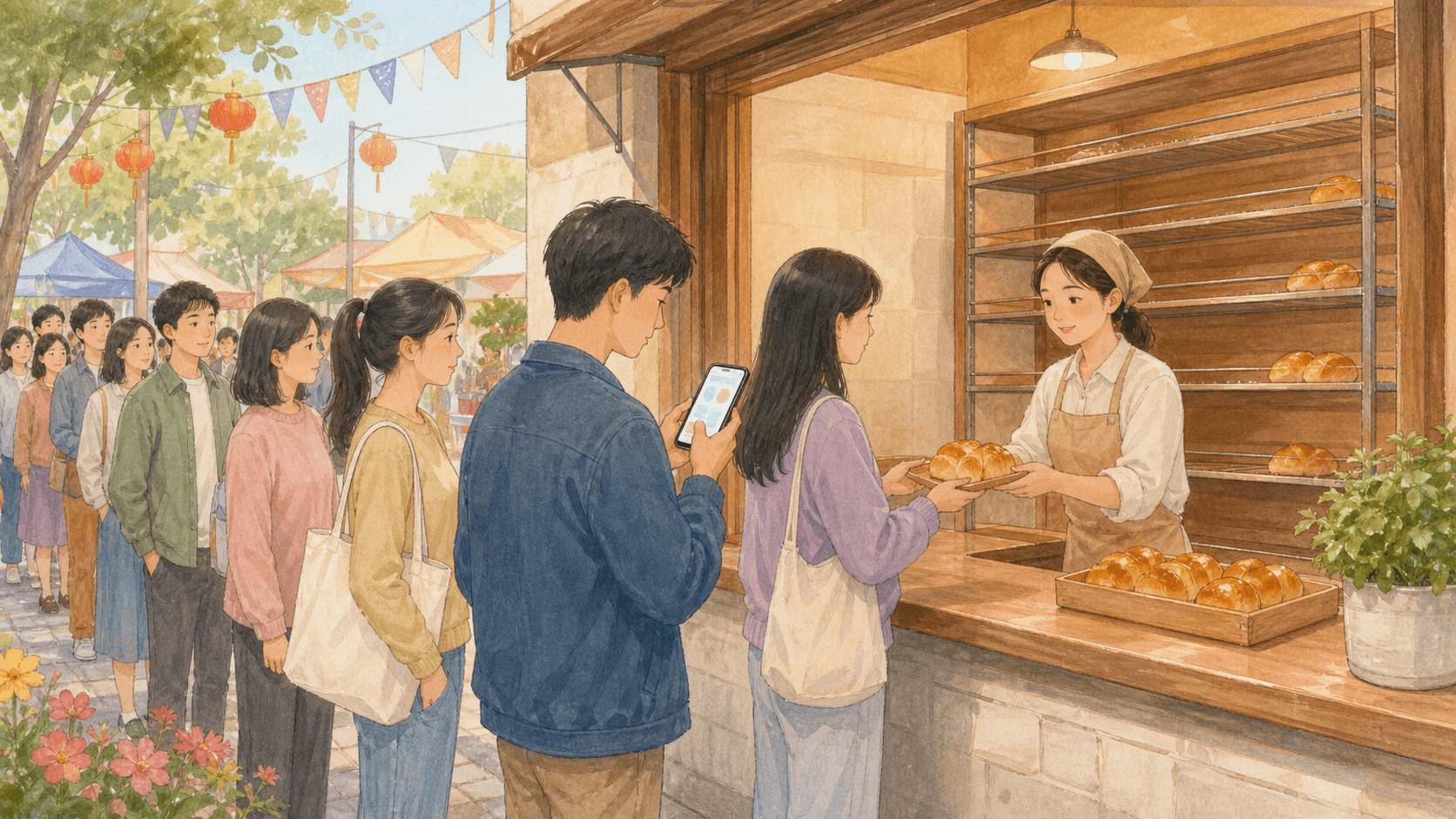 节日前顾客排队取黄油面包且货架有限的短缺场景