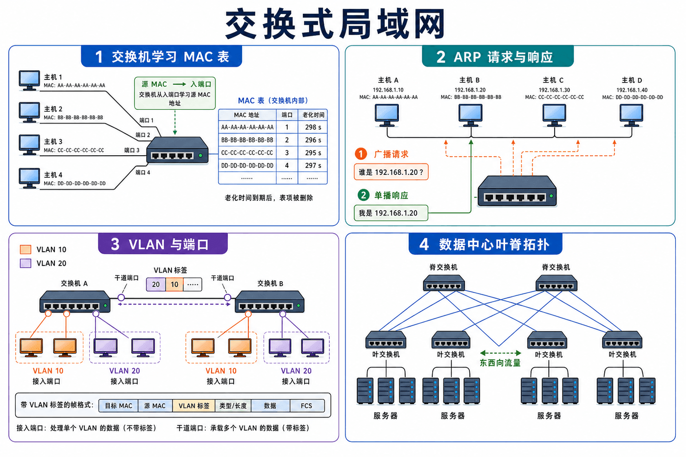 交换式局域网:交换机学习MAC表,ARP完成地址解析,VLAN划分广播域。
