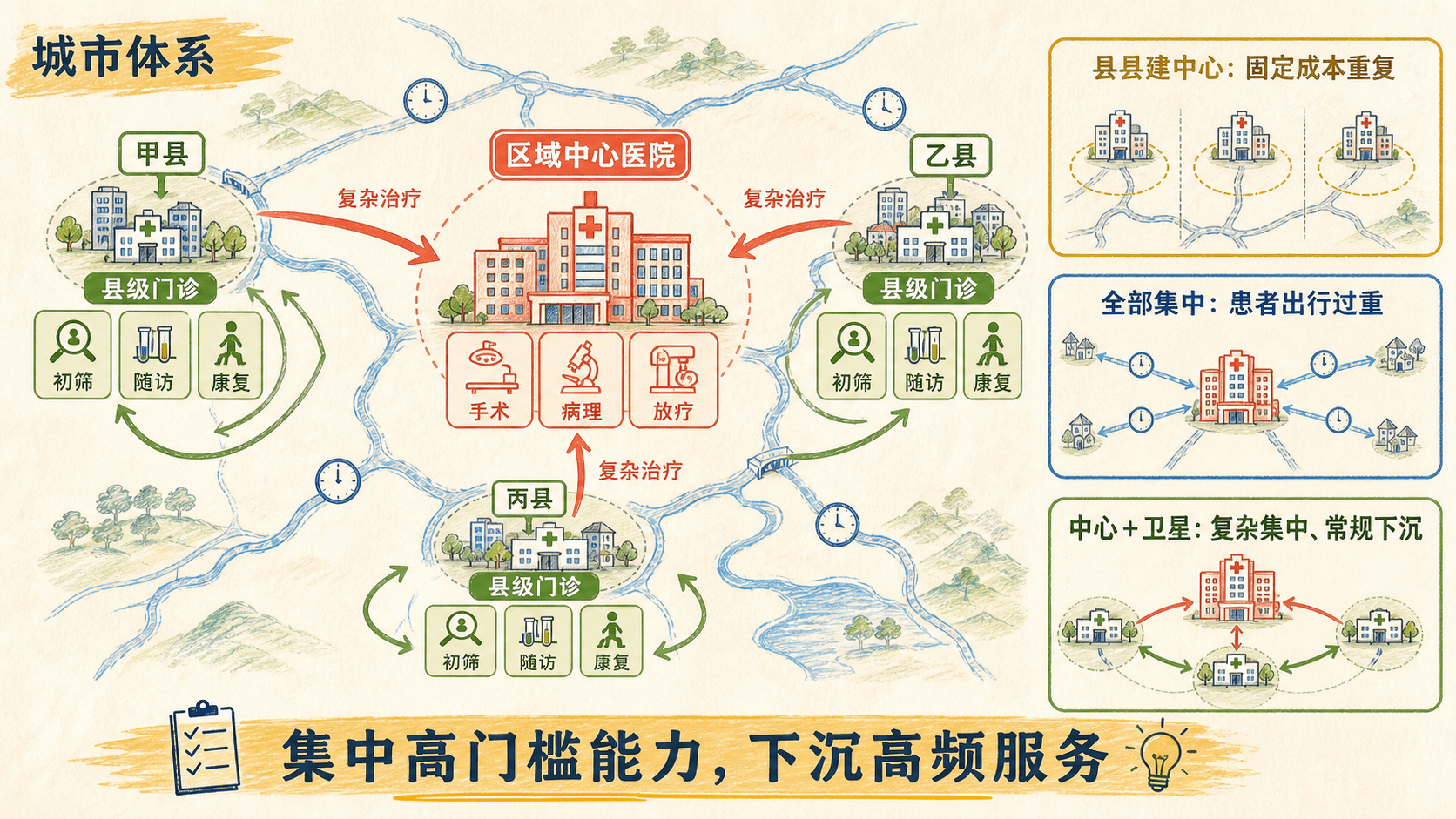 区域中心医院与县级卫星门诊组成的城市体系手绘图