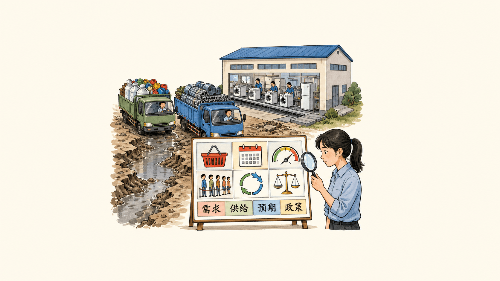雨后受损道路使金属和塑料原料货车延误,启航家电生产线受限;阿宁用放大镜查看包含购物篮、日历、产能、队列、循环和天平图标的诊断板。