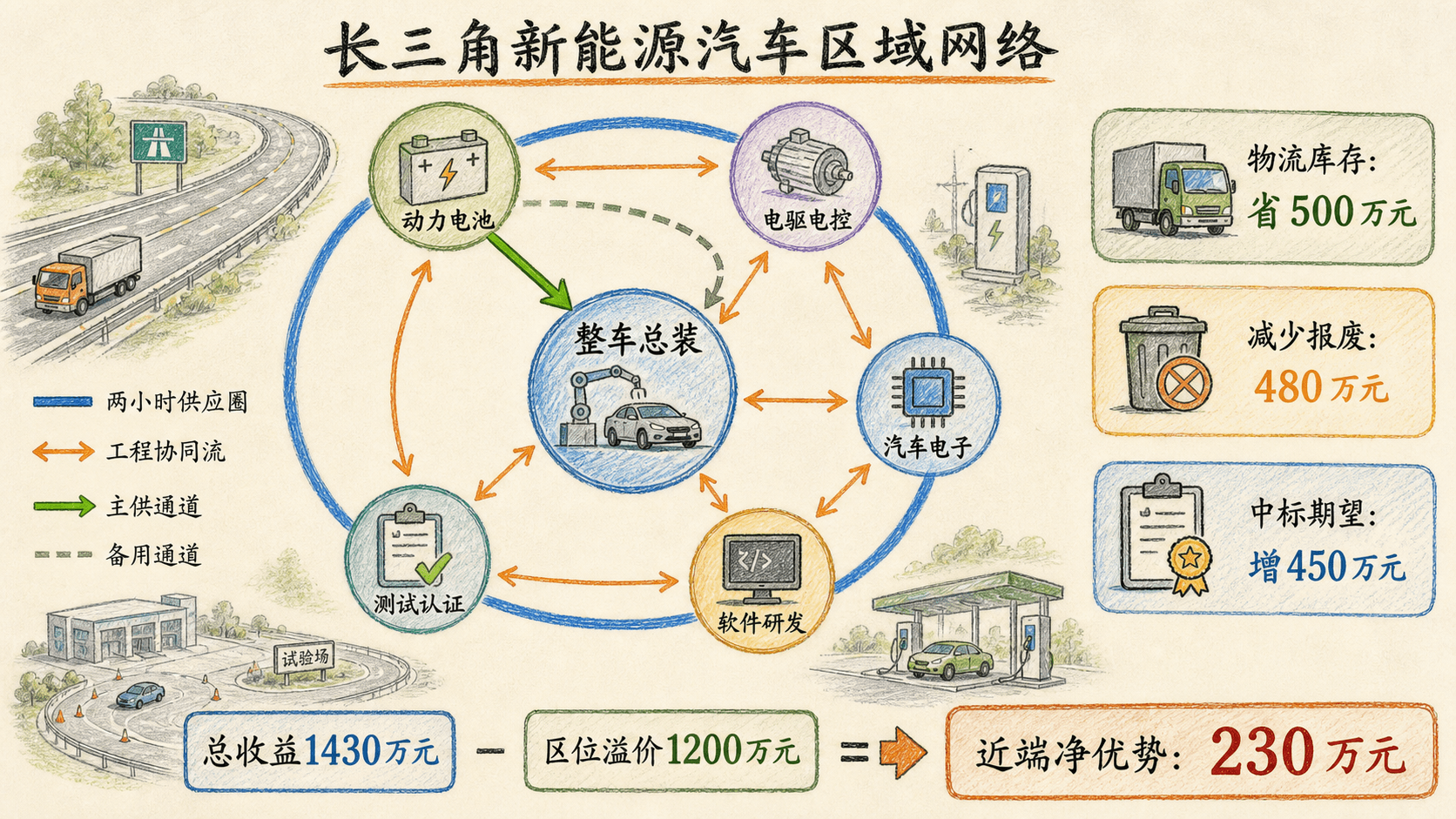 长三角新能源汽车产业专业节点、两小时供应圈与备用通道网络图