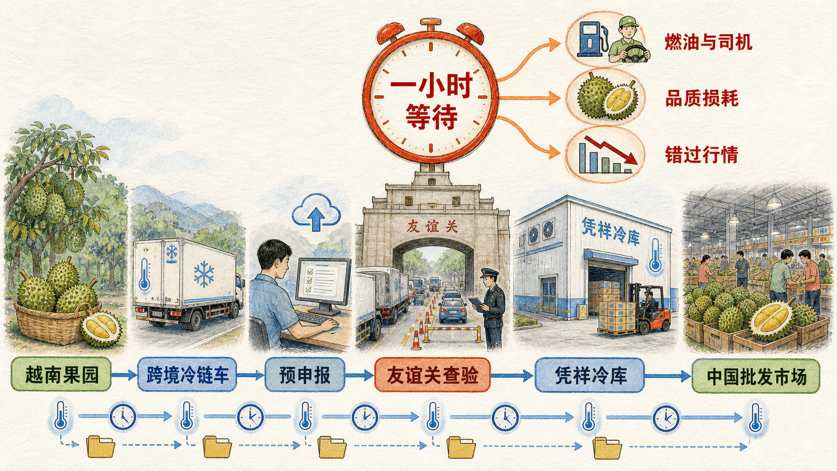 手绘榴莲从越南果园经跨境冷链车、预申报、友谊关查验和凭祥冷库进入中国批发市场,并拆解一小时等待带来的多重成本