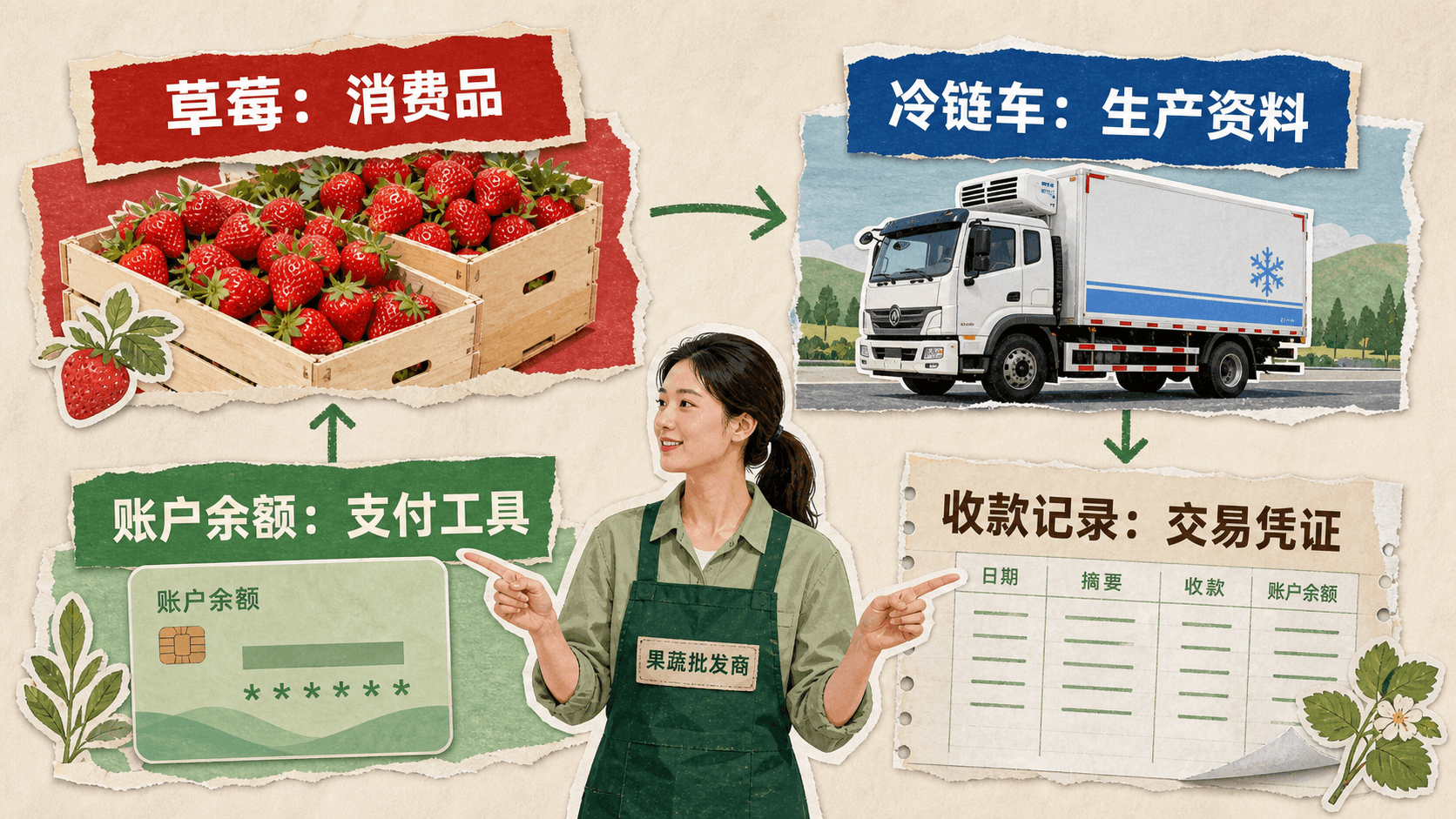 草莓、冷链车、账户余额和收款记录对照,说明货币是支付工具而不是商品或生产资料