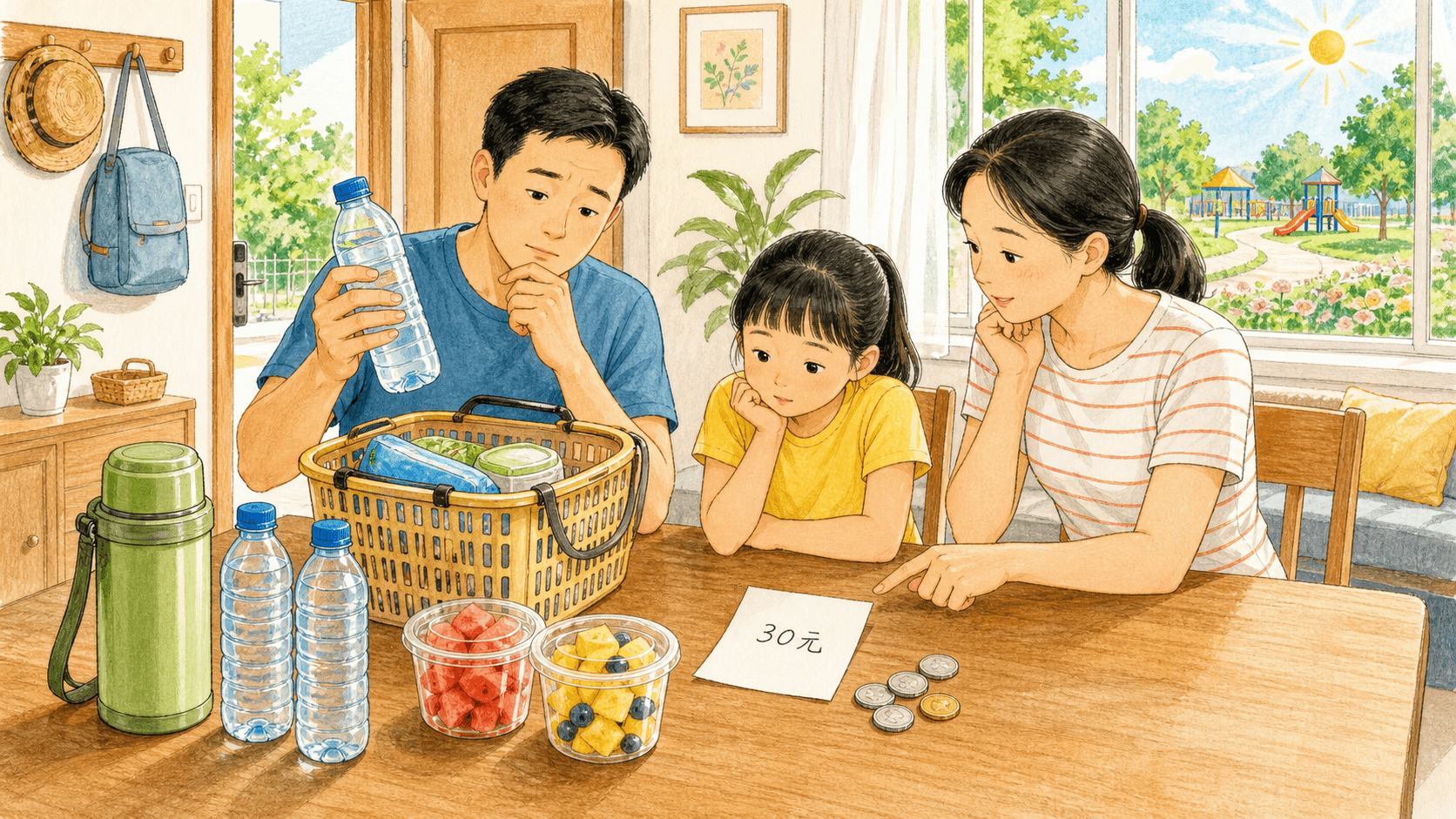课程插图:夏日出游前的三口之家整理水、食物与预算清单,突出“再多买一件”的抉择时刻