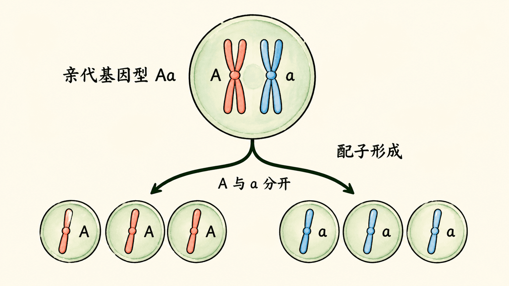 等位基因分离与受精 杂合子Aa形成A和a两类配子并随机结合的示意图