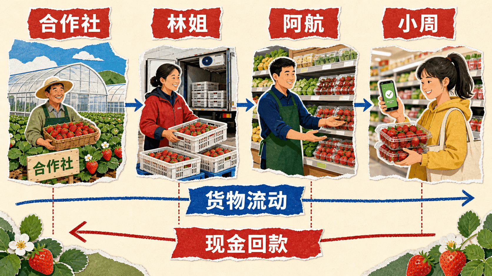 合作社、批发商、门店和消费者之间的草莓货物流动与现金回款对照图