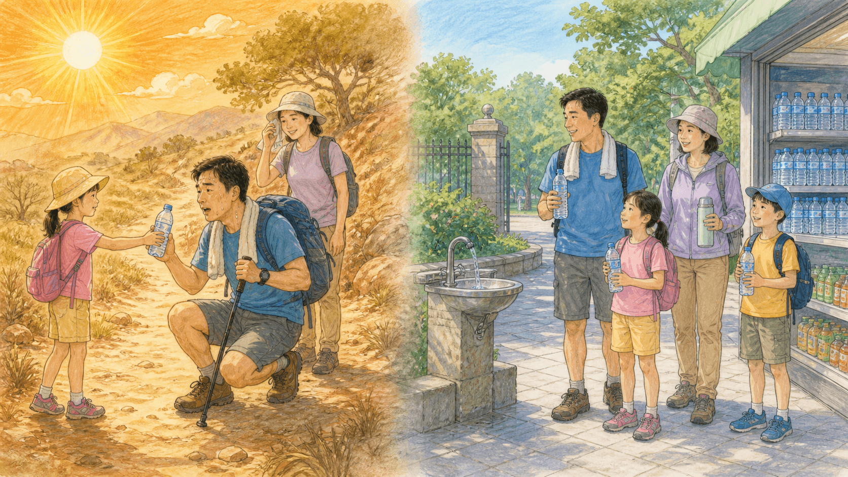 课程插图:对照画面:炎热步道上递来的第一瓶水与城市商店中充足的饮水,说明处境改变边际价值