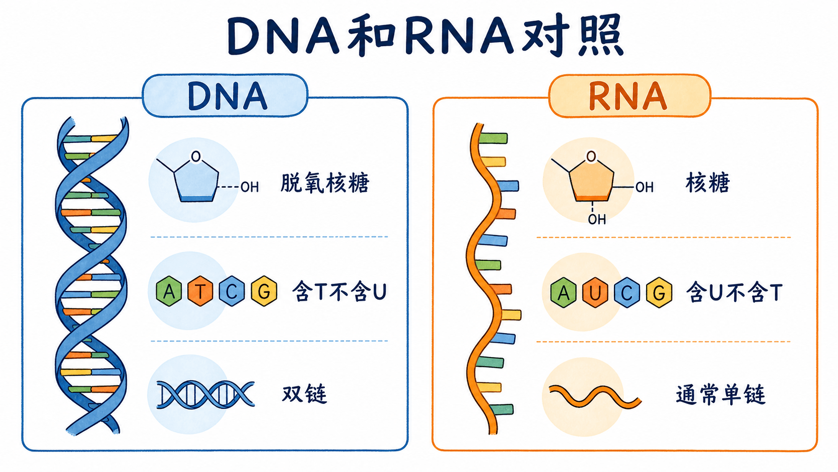 DNA和RNA的基本区别与联系 DNA与RNA对照图:脱氧核糖与核糖、T与U的差异
