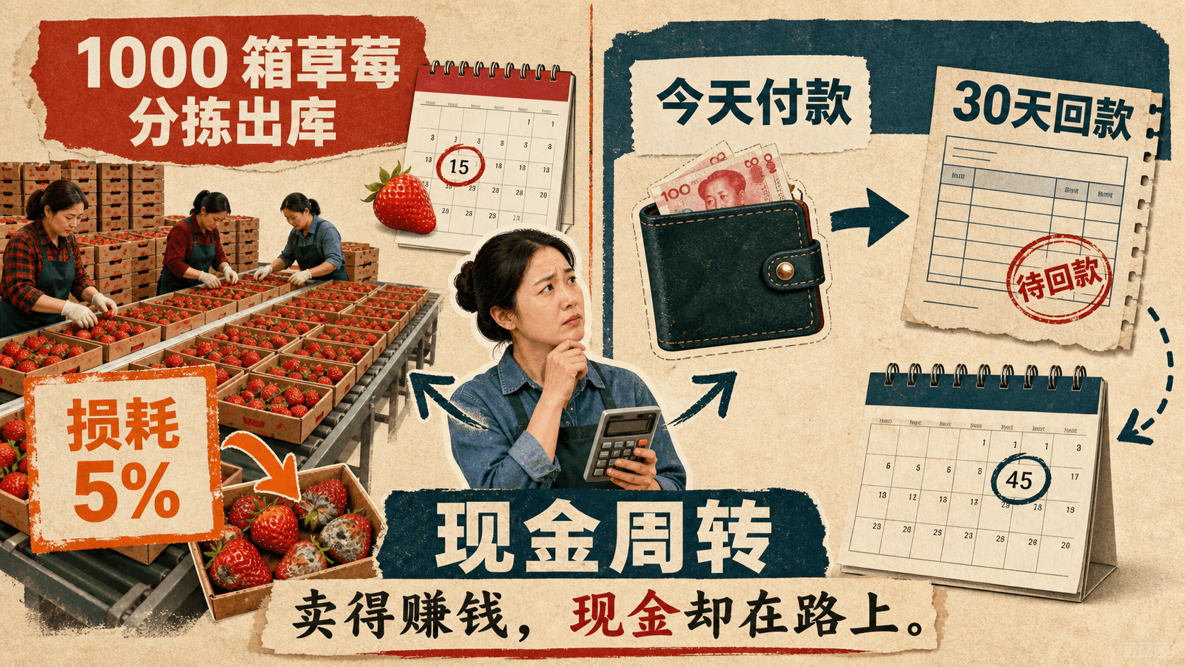 草莓损耗百分之五、今天付款和三十天回款共同影响现金周转的拼贴教学图