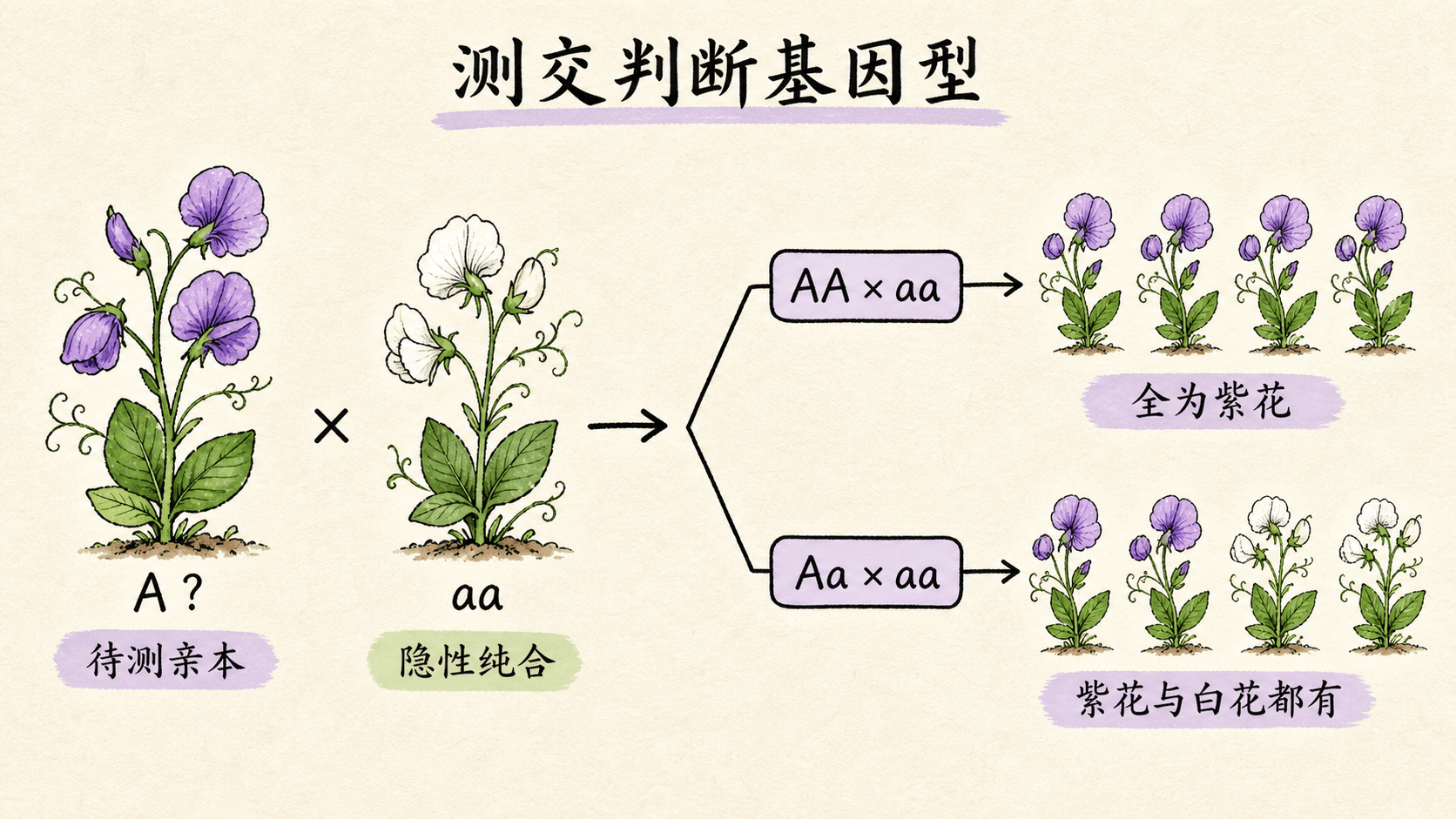 测交推断基因型 待测显性个体分别为AA或Aa时与aa测交的后代示意图