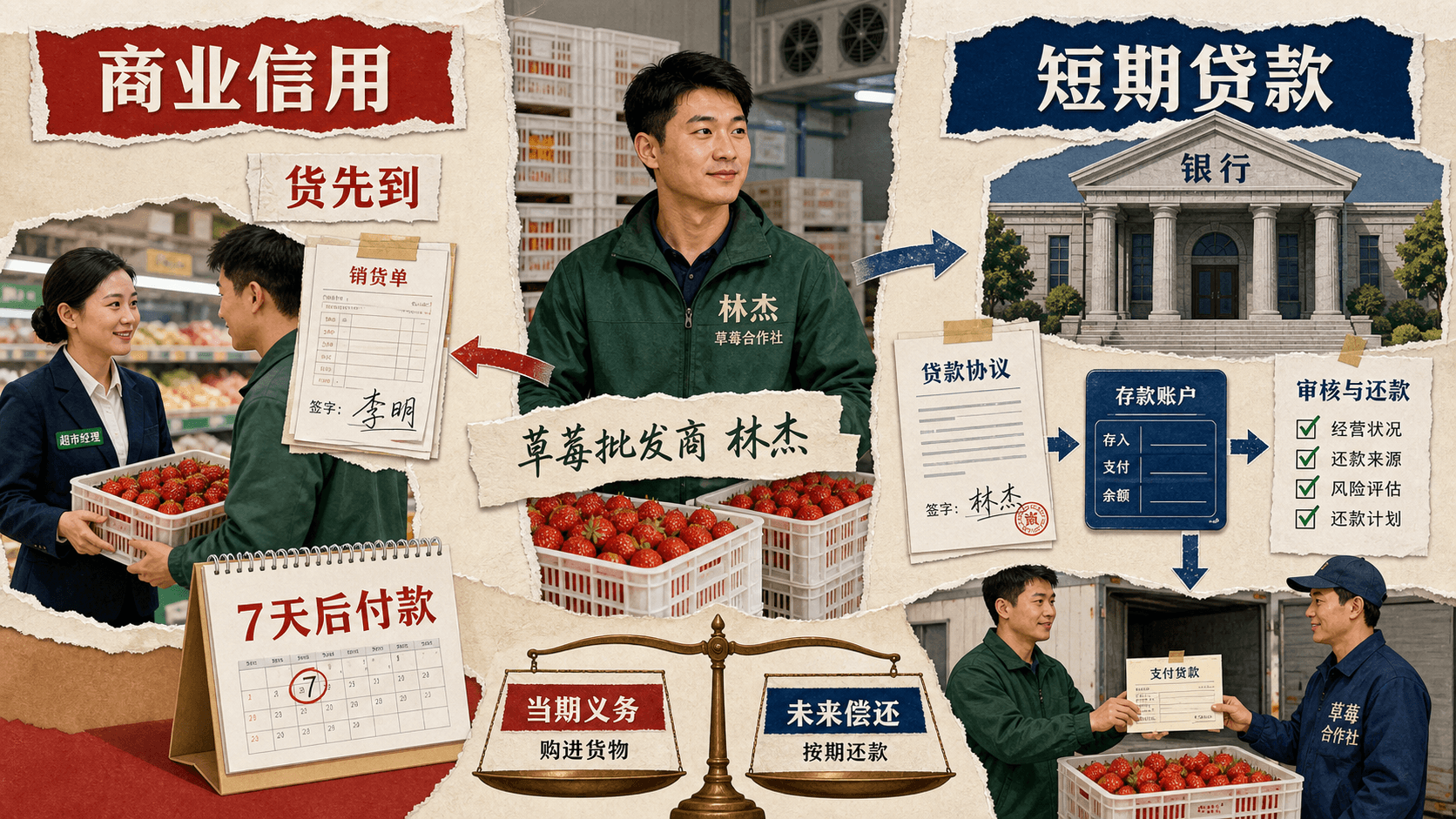 商业信用的货先到与七天后付款,和短期贷款审核还款并列的生鲜采购拼贴图