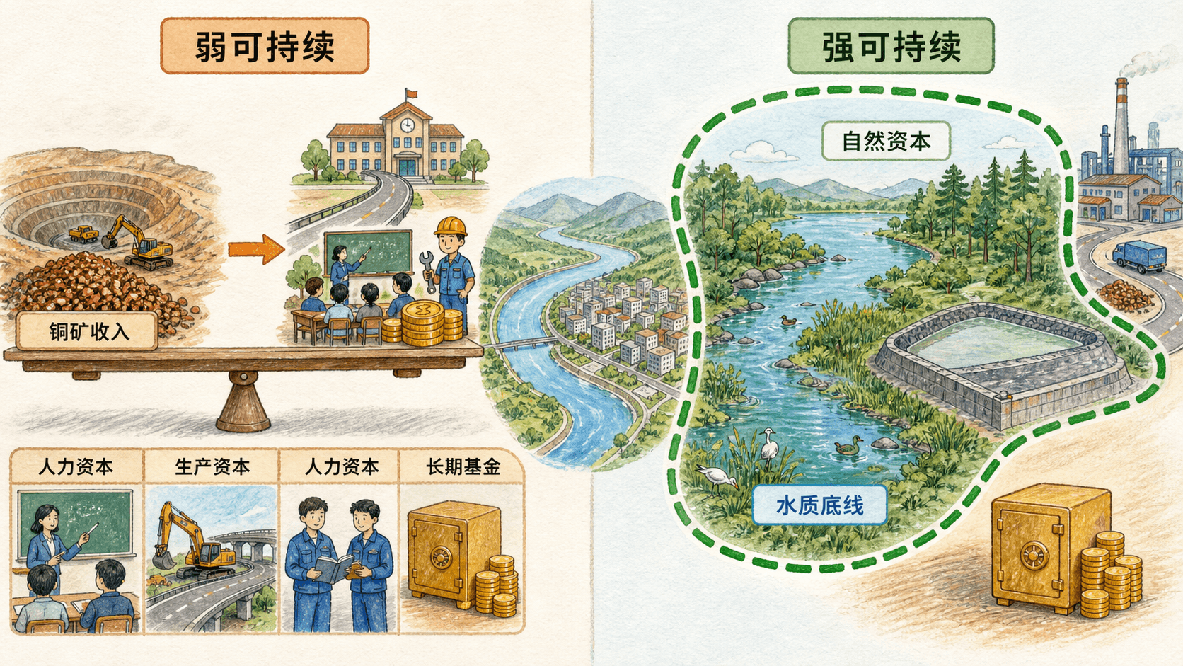 弱可持续的资产转换与强可持续的自然资本水质底线对照教学插图