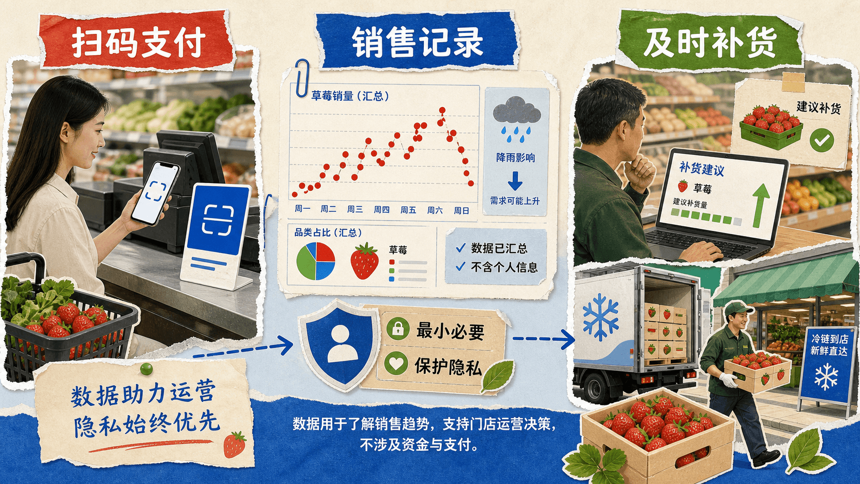 扫码支付形成销售记录,聚合数据支持及时补货并遵循最小必要和隐私保护的拼贴图