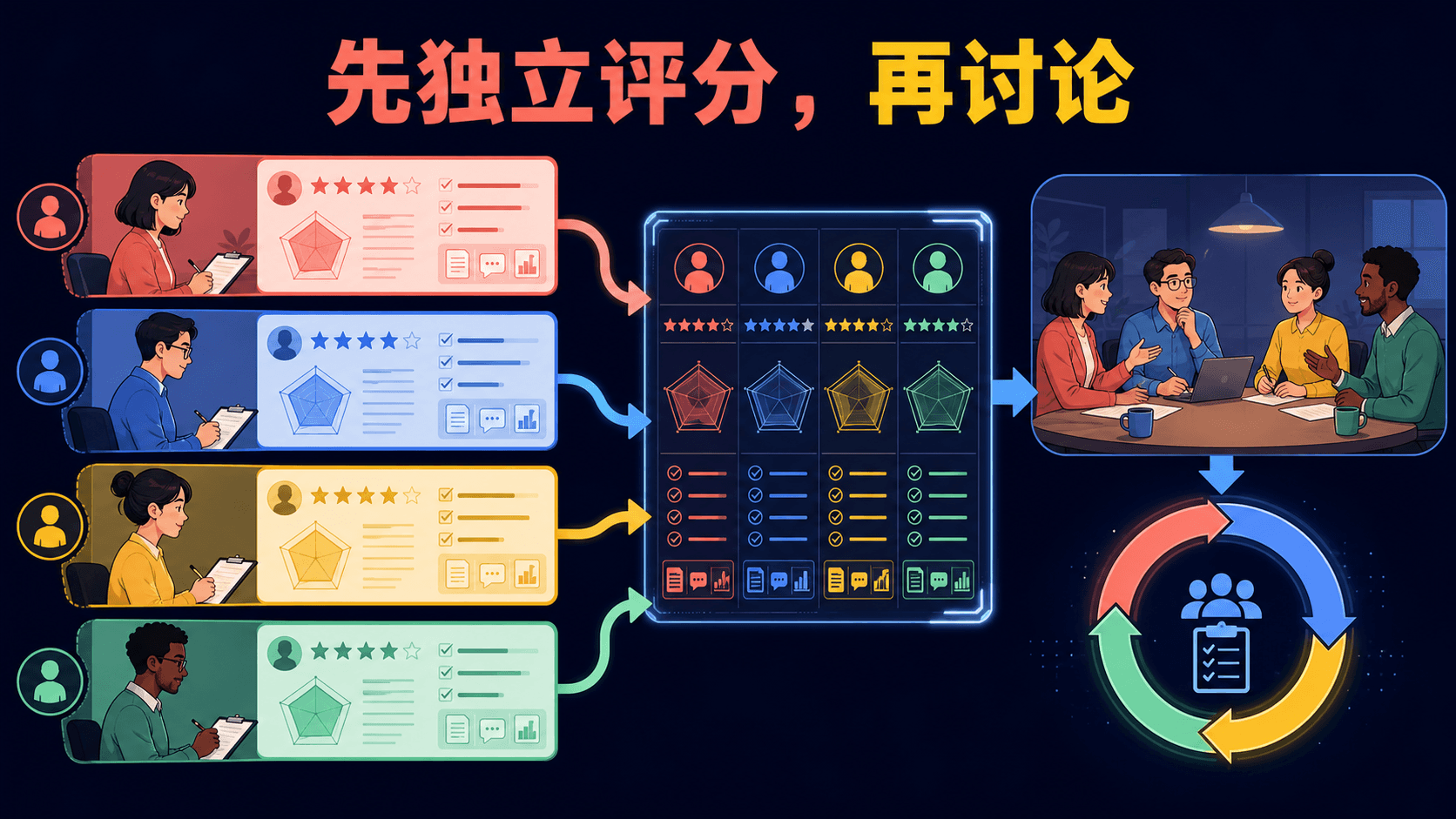 独立评分再讨论:记录证据、汇总差异与复盘