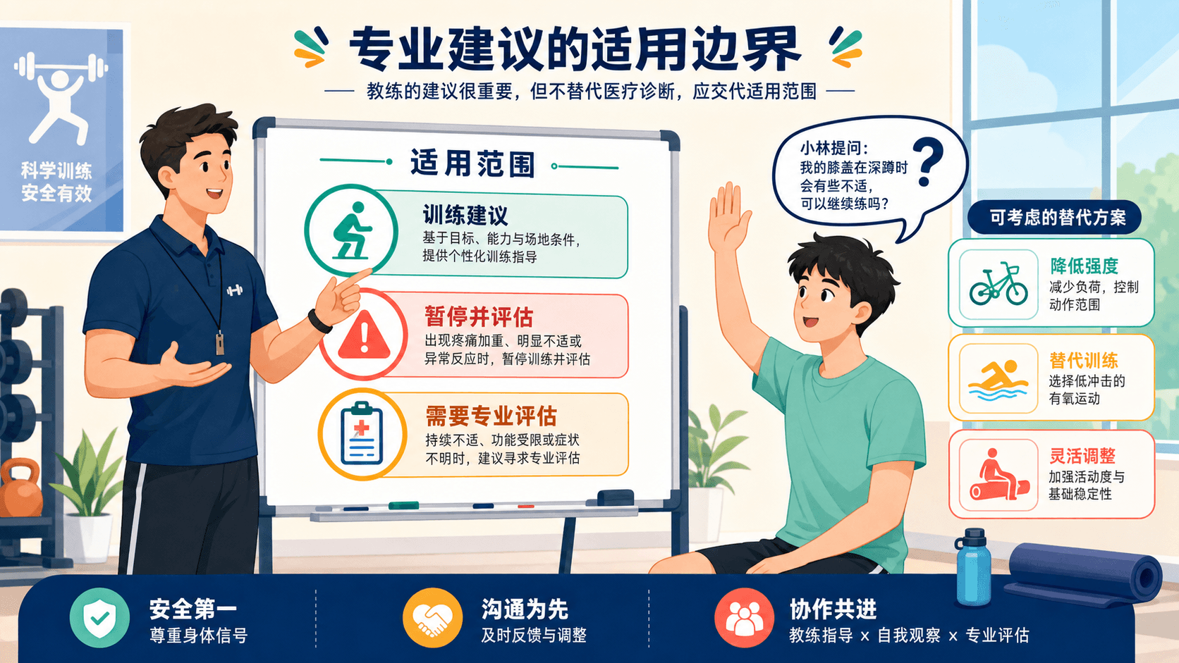 教练说明训练建议的适用边界与消费者提问