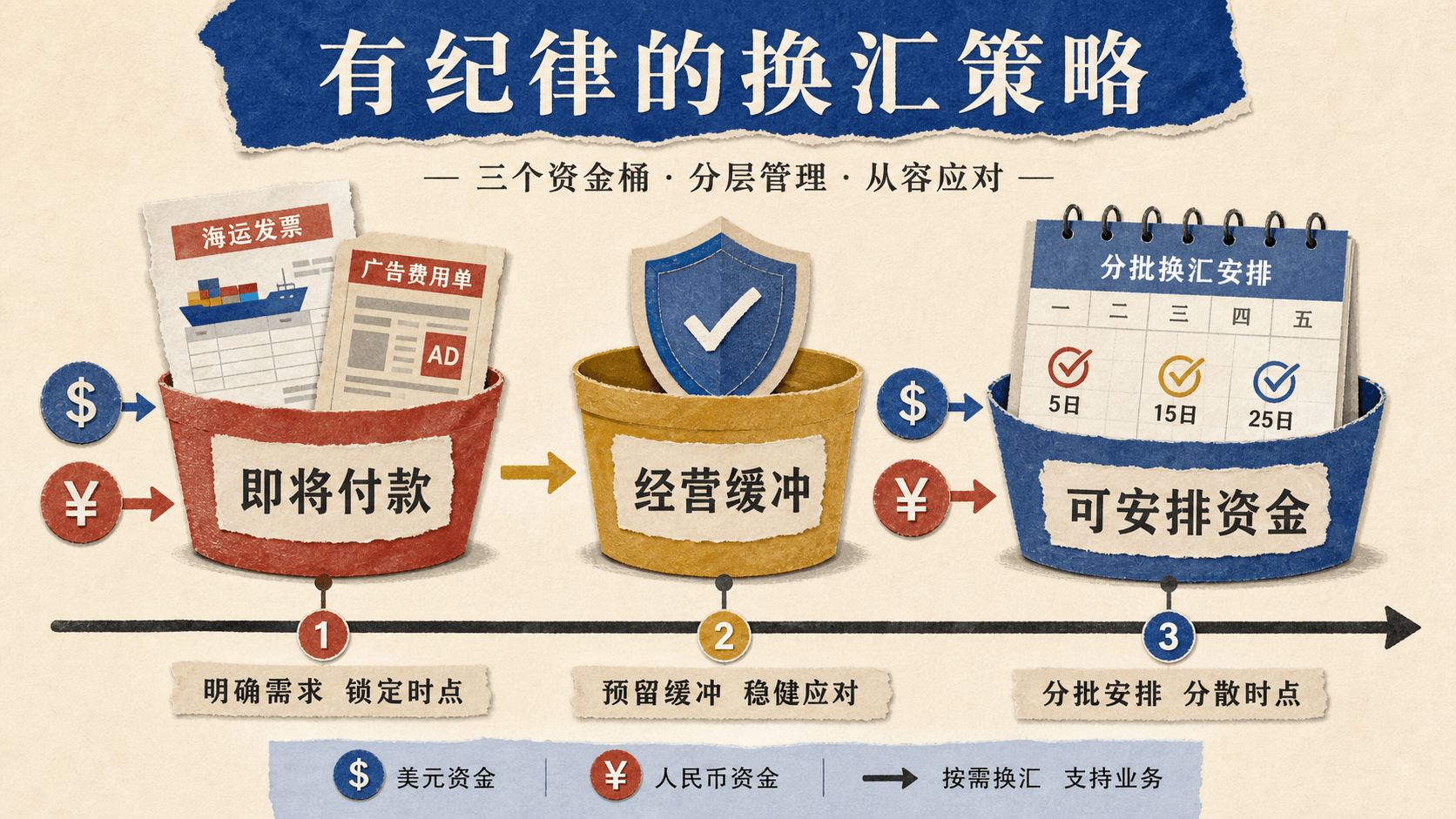 即将付款、经营缓冲和可安排资金三类资金桶沿时间轴分批换汇的策略图