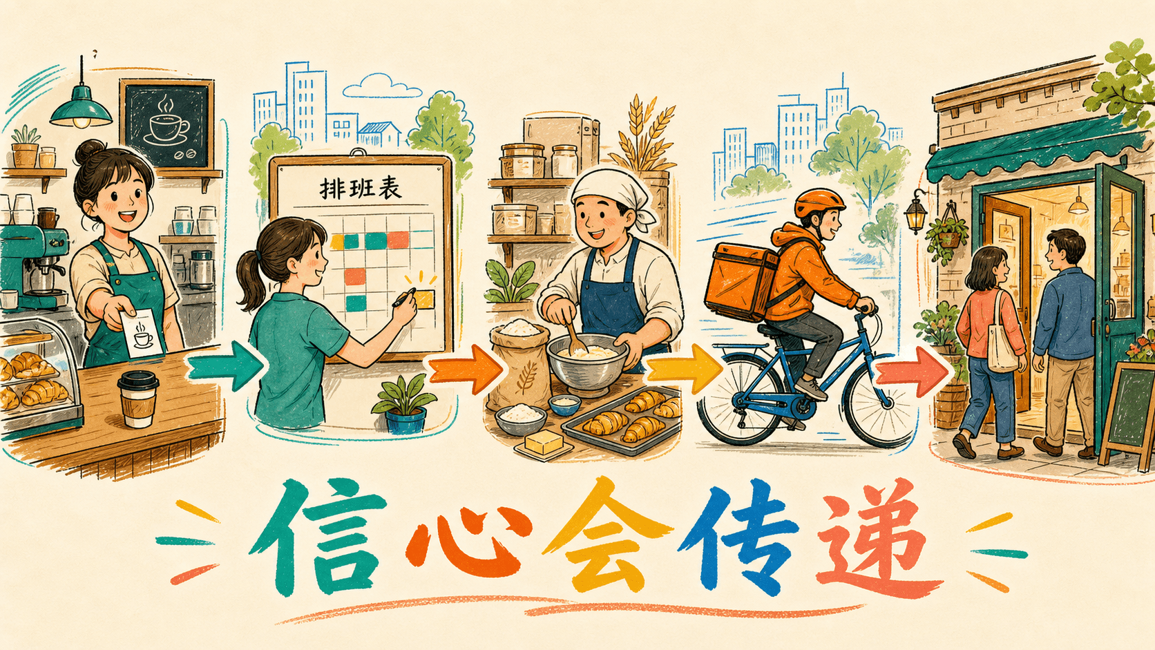 远航物流的订单、排班、设备供应、骑手与周边小店通过箭头连成信心传导链。