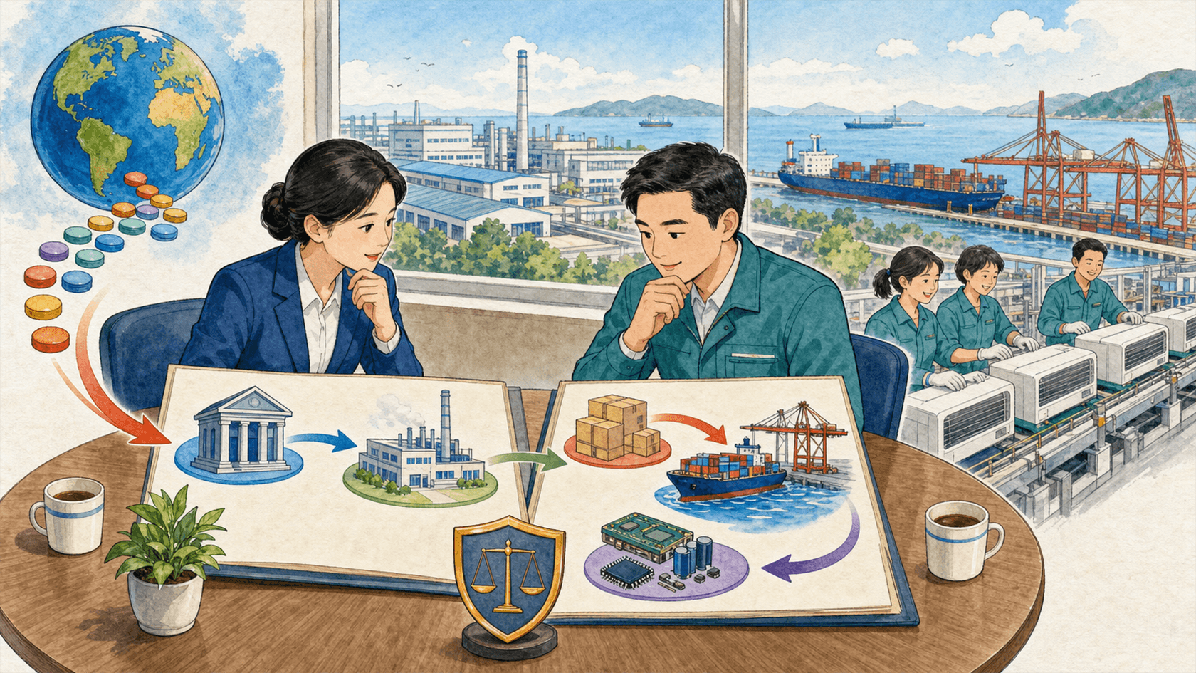 银行信贷人员与启航家电经理讨论资本流入、生产投资和港口贸易链条的插画