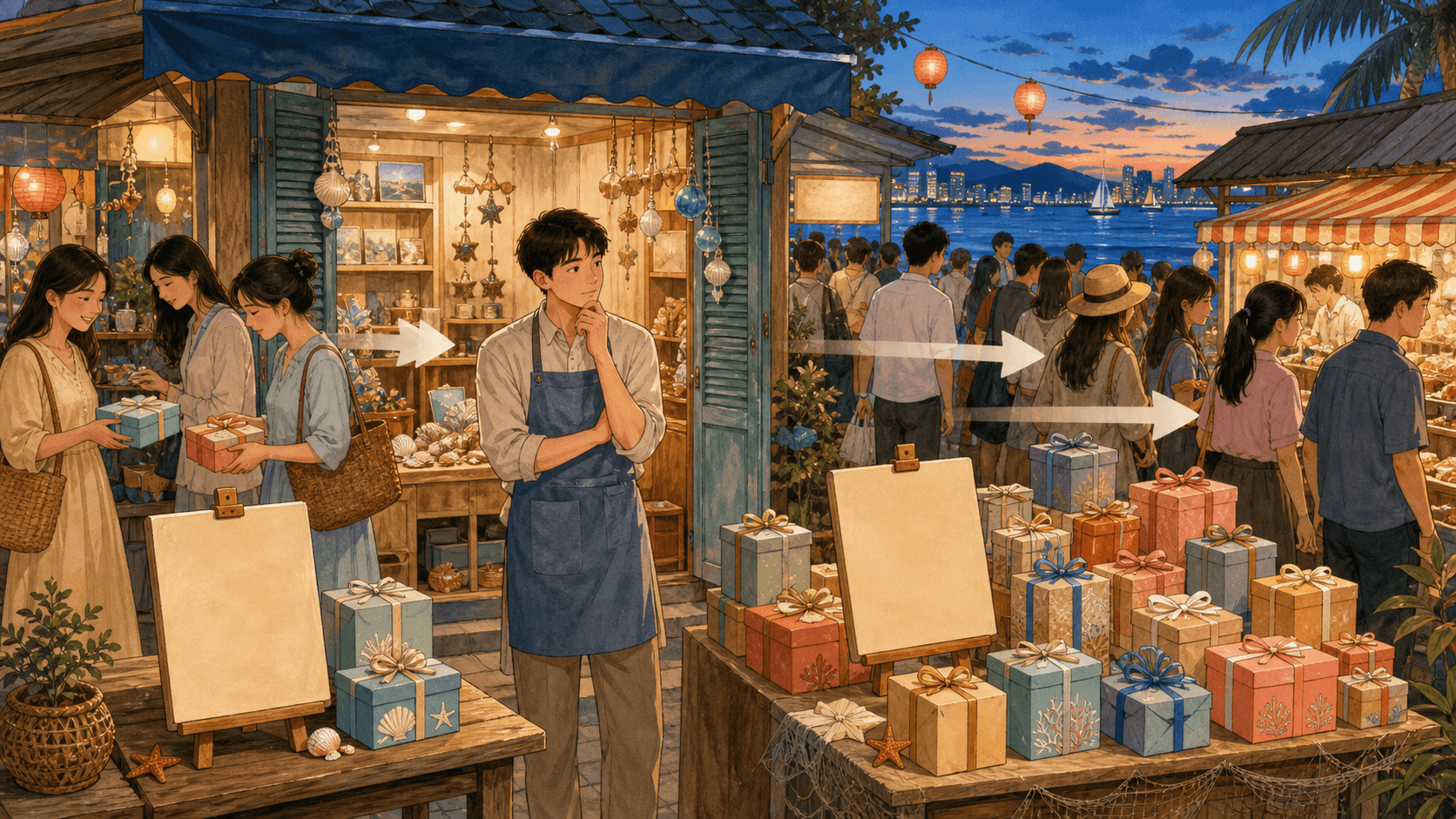 海岚市邻里集市中,小周查看礼盒标价与顾客流动,展示同样提价会有不同销量反应。