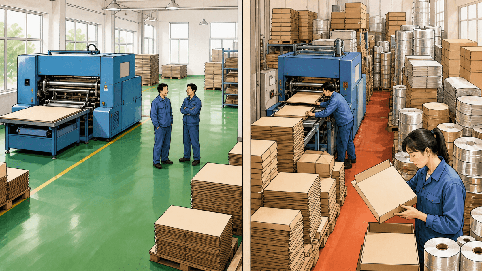 港湾包装社的空闲工位、库存纸盒与满负荷压纹机,对比供应链的可调整空间。