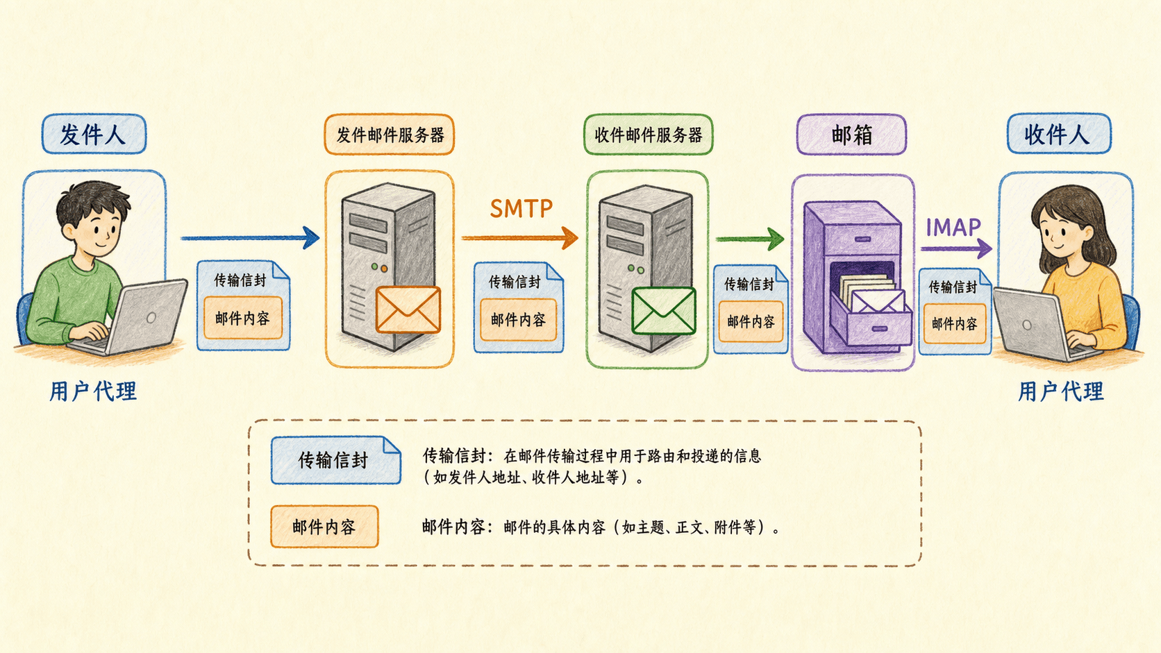 电子邮件完整投递链:从发件人与用户代理开始,经发件邮件服务器、SMTP、收件邮件服务器和邮箱,最后由收件人通过 IMAP 访问,并区分传输信封与邮件内容。