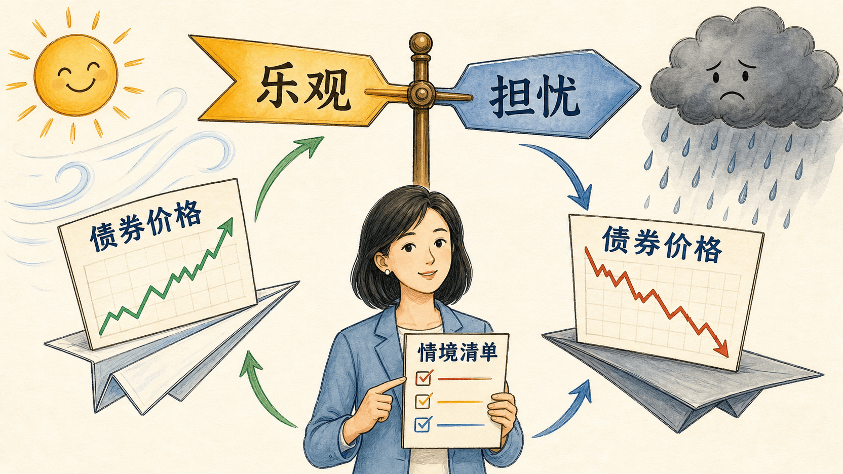 乐观时纸飞机托起债券价格、担忧时雨云压低价格,周岚用情境清单观察预期反馈