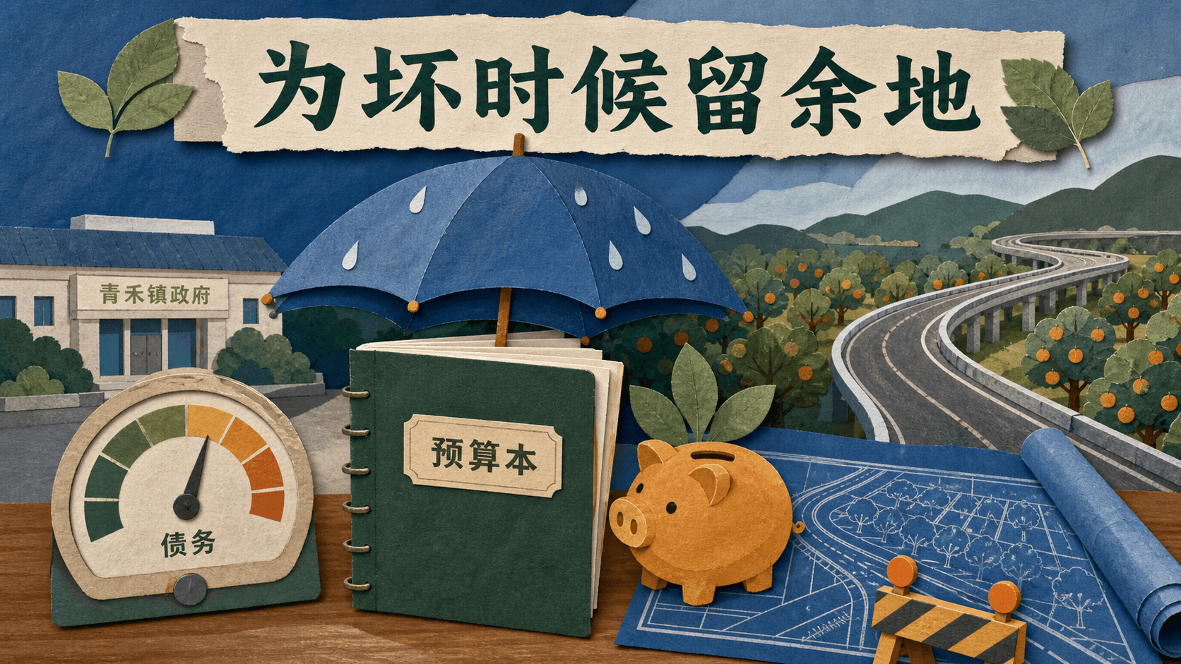 预算本、储备伞、债务刻度和果园道路蓝图的拼贴,说明财政应为坏时候保留空间