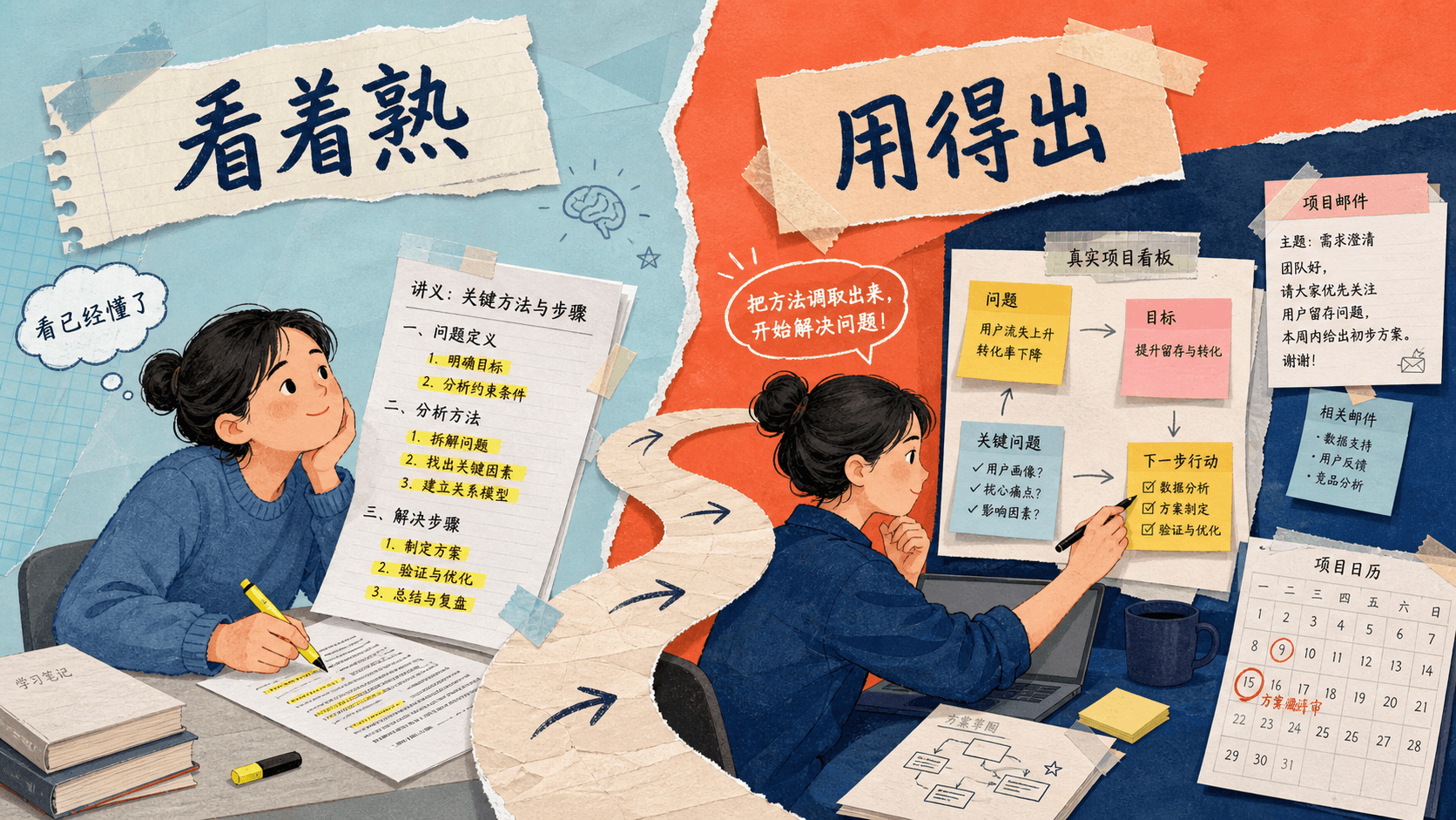 学习者从反复阅读的熟悉感转向在真实工作场景中调用方法
