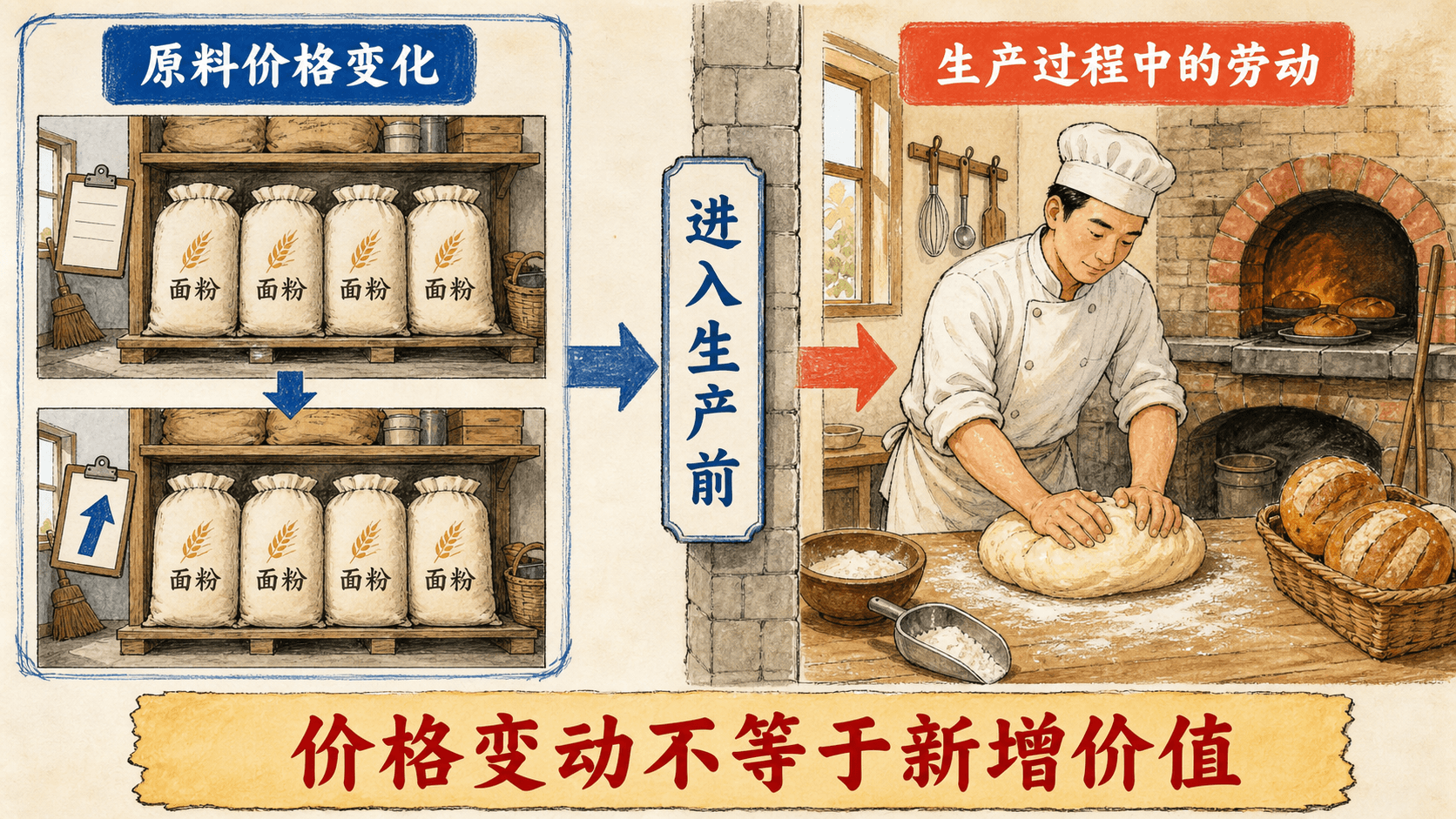 仓库中的投入品价格变动与面包房生产中新价值形成的区别