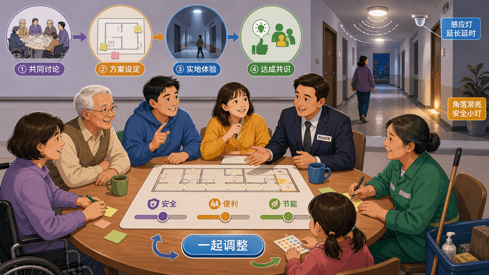 居民、物业与清洁人员协商走廊照明方案