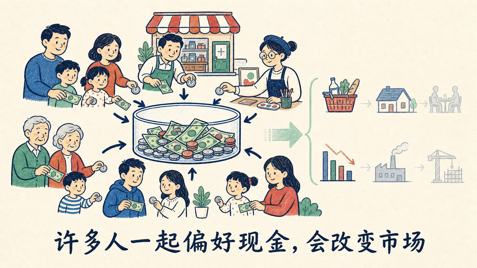家庭、小店与工作室共同提高现金偏好时,市场中的可用资金流向发生变化
