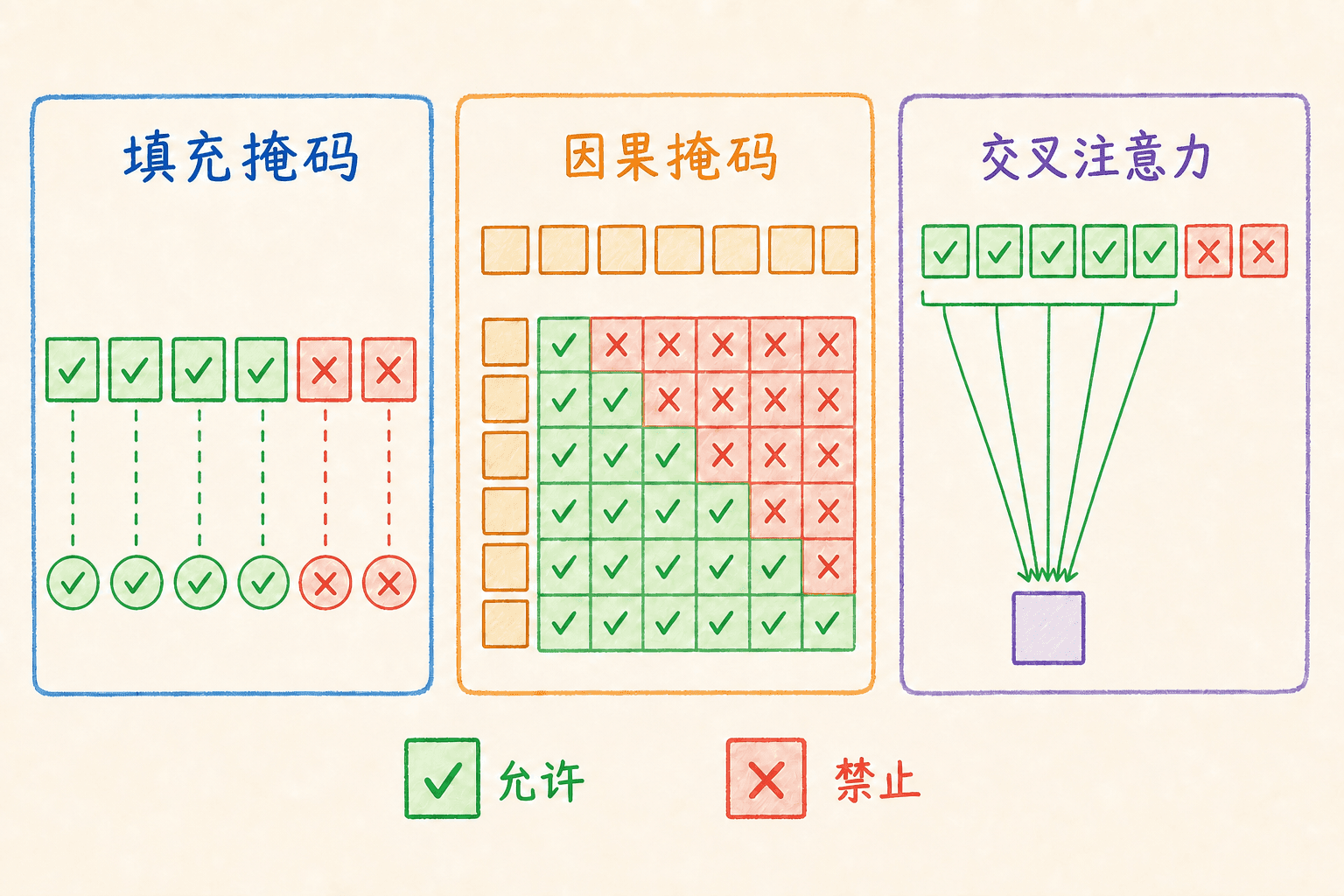 padding mask、因果 mask 与交叉注意力可见范围