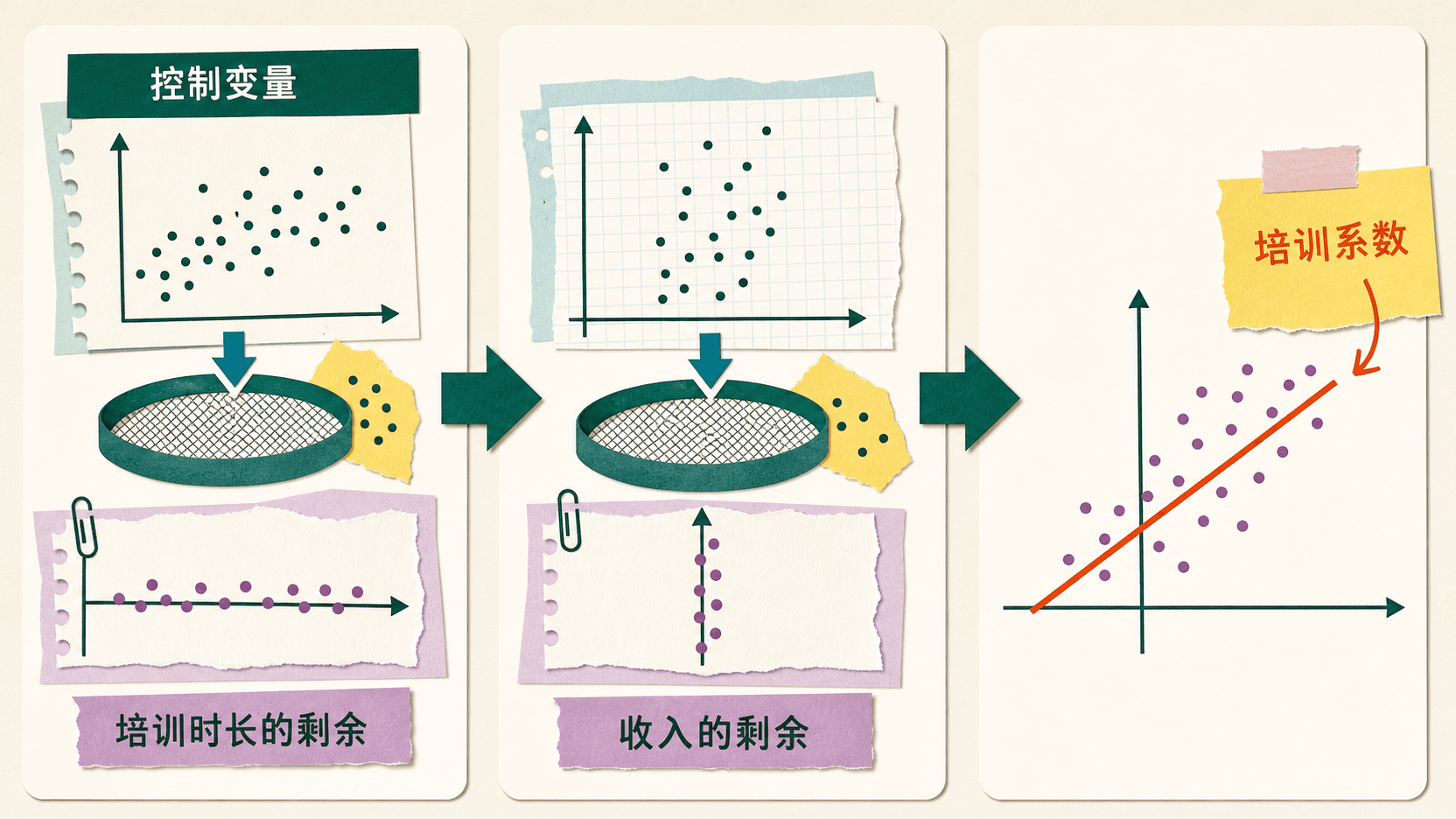 控制变量分别剔除培训时长和收入中的共同部分,再拟合两个剩余以得到培训系数的三栏图。