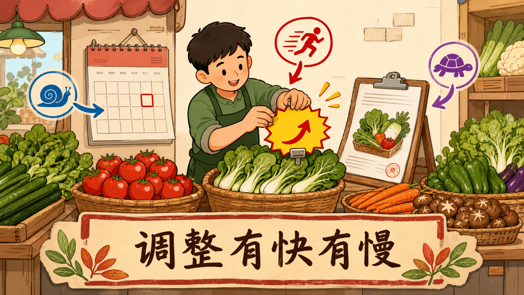 菜摊展示可快速调整的促销价,以及较慢变化的租金和进货合同,说明价格调整有快有慢。