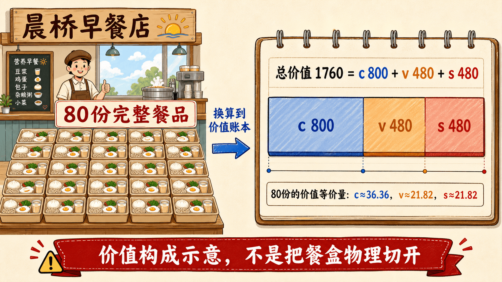 80 份完整餐品的价值构成示意:c/v/s 是价值等价量,而非把餐盒物理切分