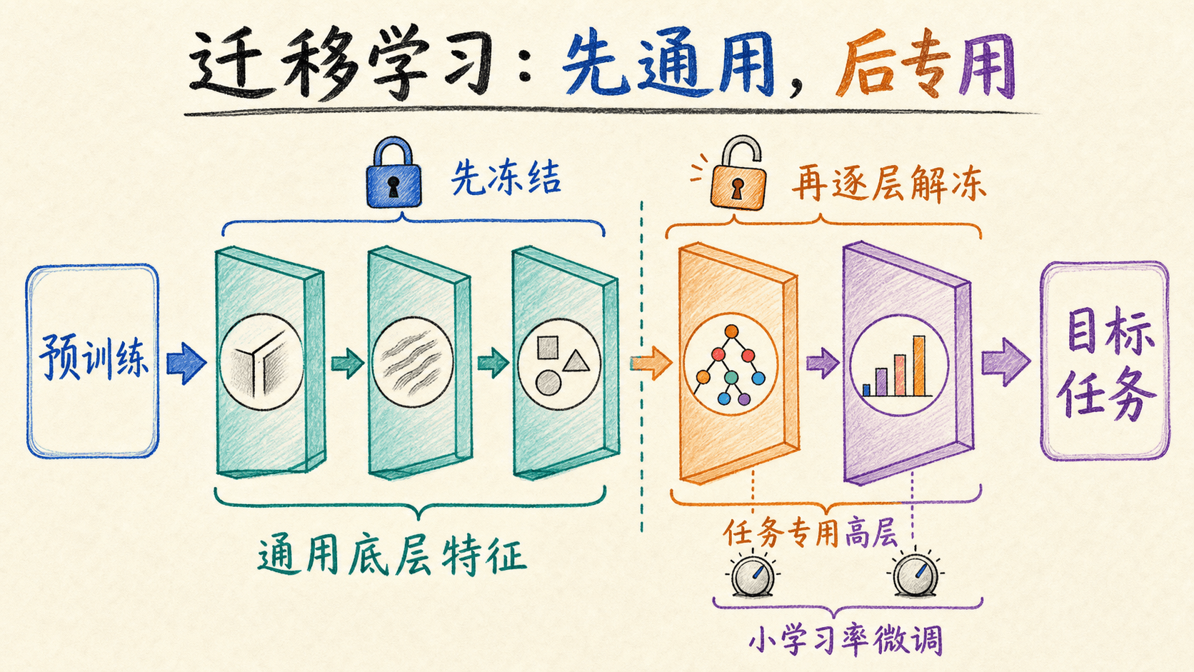 从通用低层特征到任务专用高层的迁移学习路线