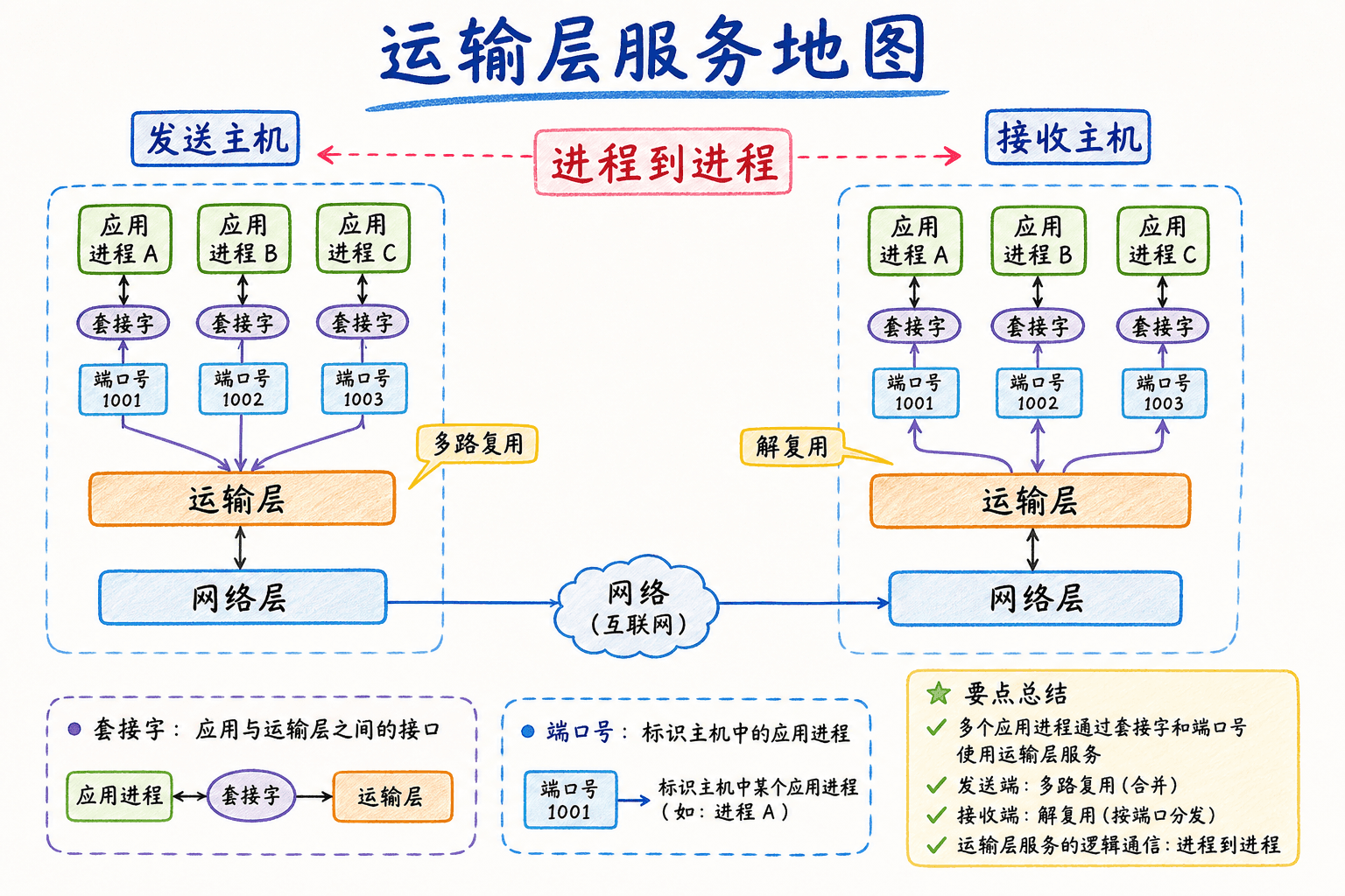 运输层服务地图:发送主机的多个应用进程经套接字和端口进入运输层完成多路复用,跨越网络后在接收主机解复用到对应进程。