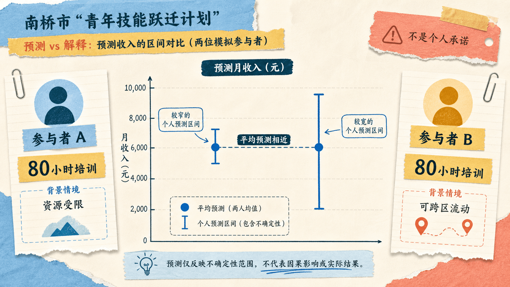 两位同为80小时培训的模拟参与者，平均预测收入相近，但个人预测区间一窄一宽，且标明不是个人承诺。