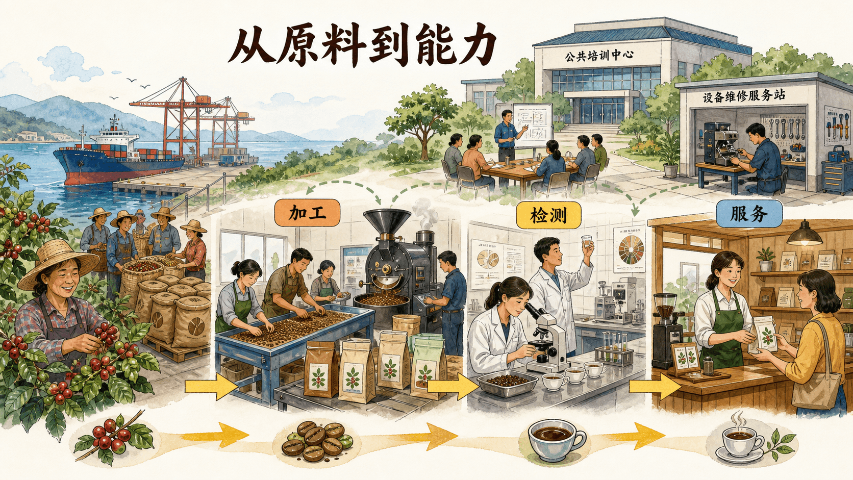 价值链能力升级示意:咖啡从采收到加工、检测和服务的连续环节