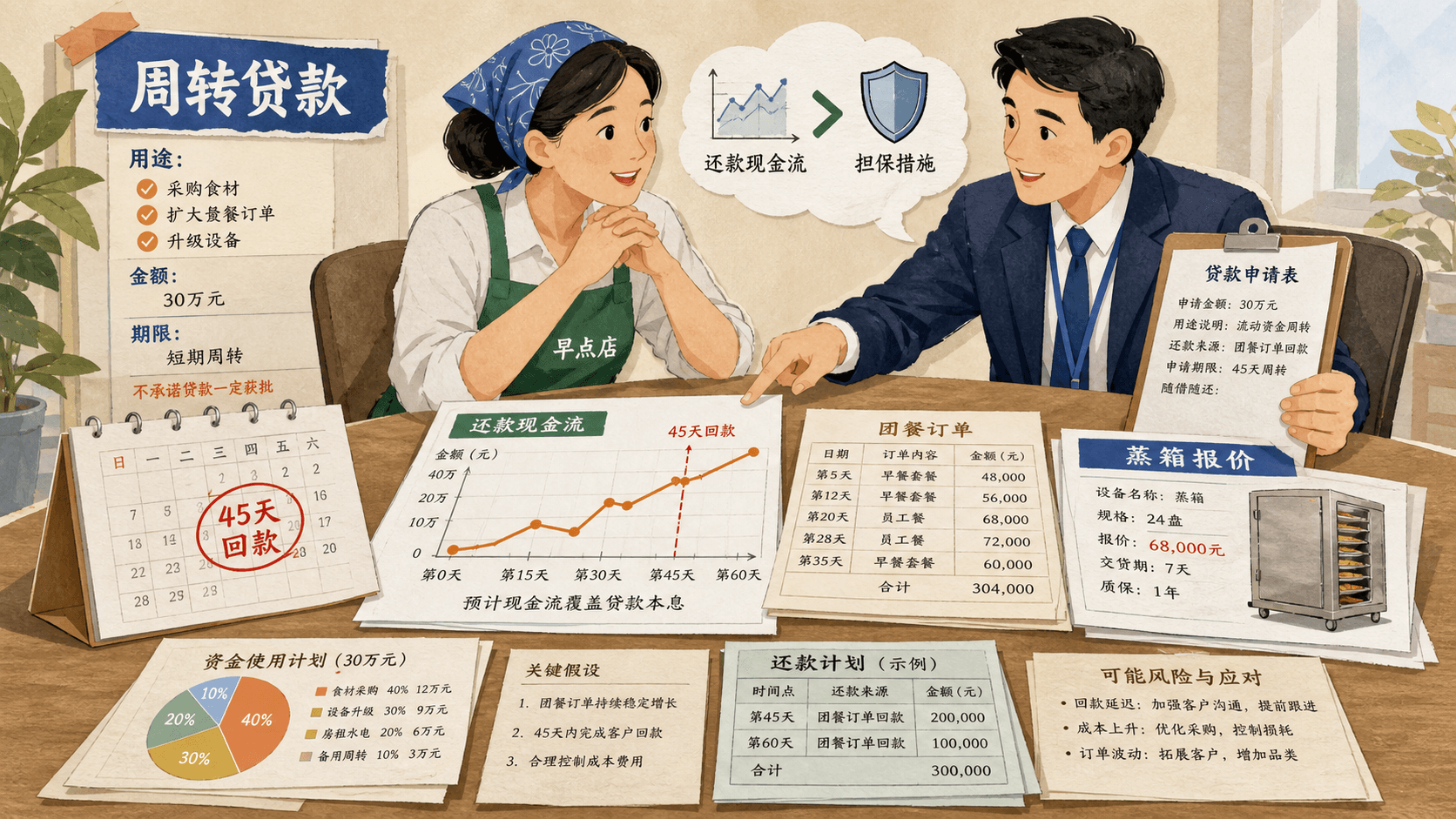 早点店主和客户经理依据现金流、团餐订单、蒸箱报价单与贷款申请表讨论周转贷款的中文拼贴图
