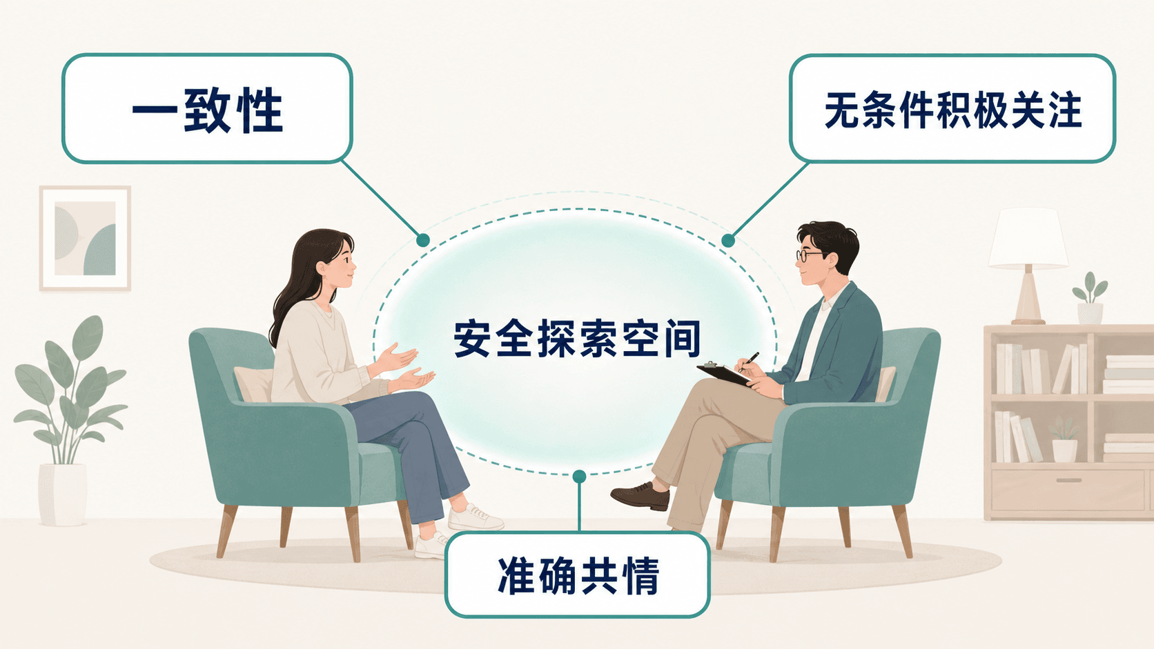一致性、无条件积极关注与准确共情共同支持安全探索空间的图解