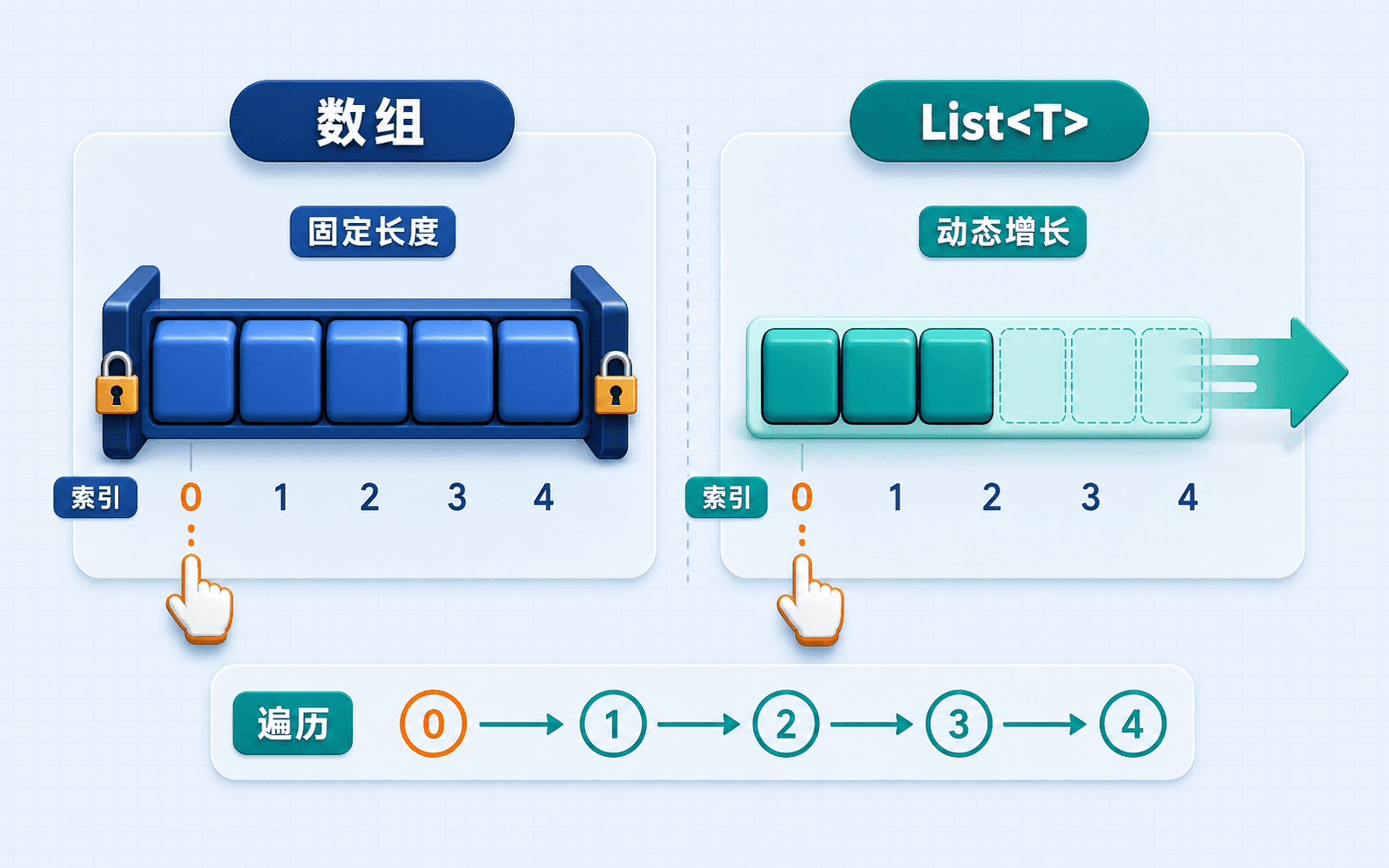 数组固定长度、List 动态增长、零基索引和遍历的心智模型。