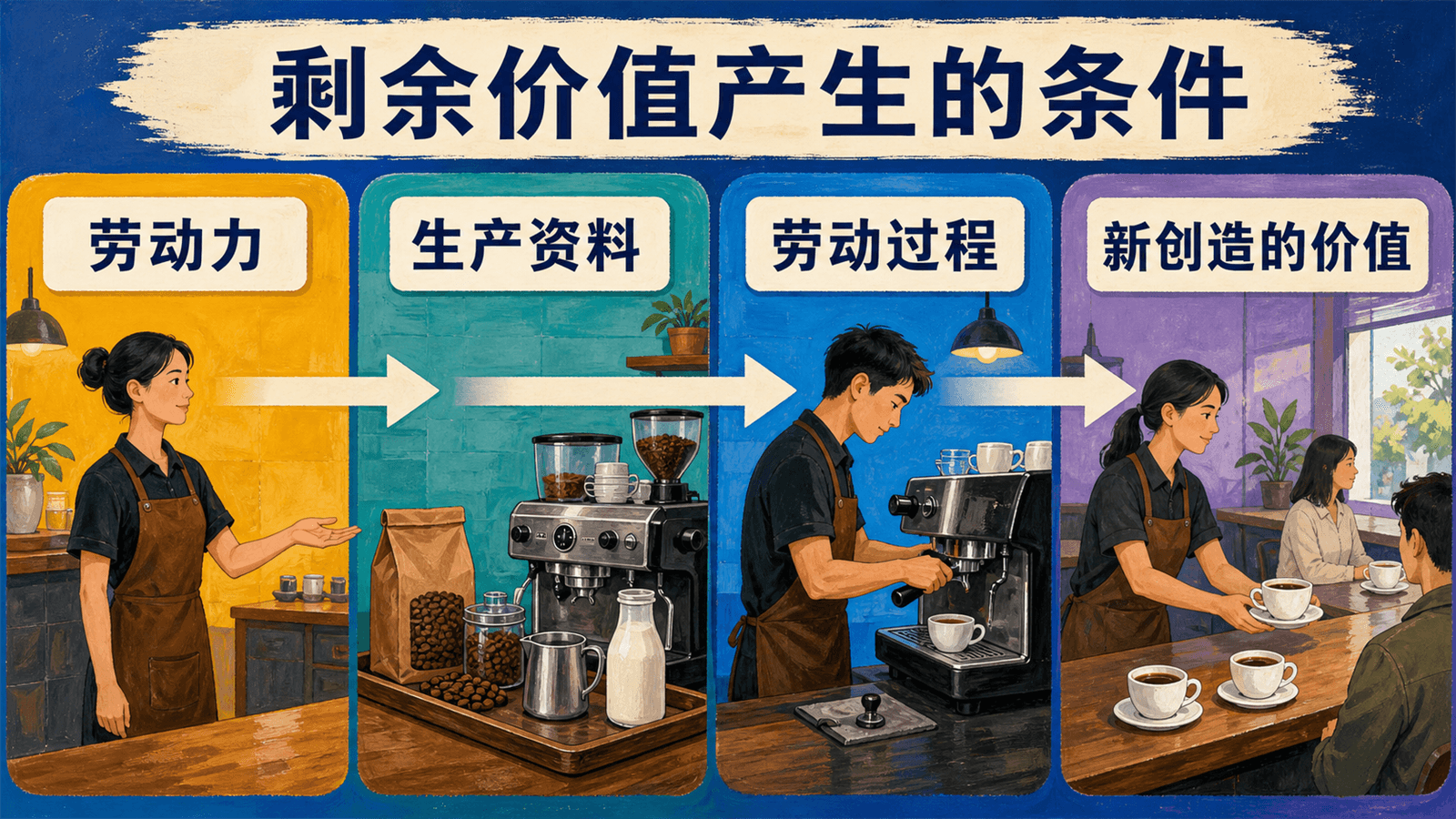 剩余价值生产条件示意:劳动力和生产资料进入连续劳动过程并形成新增价值