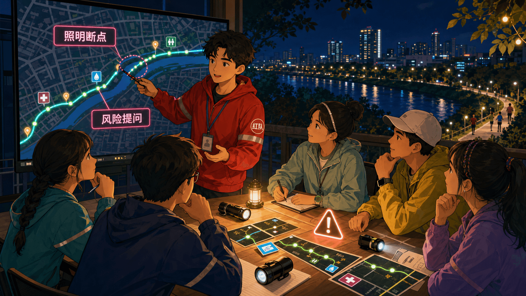 红队提问者指出河堤照明断点,夜跑团队围绕地图进行理性讨论
