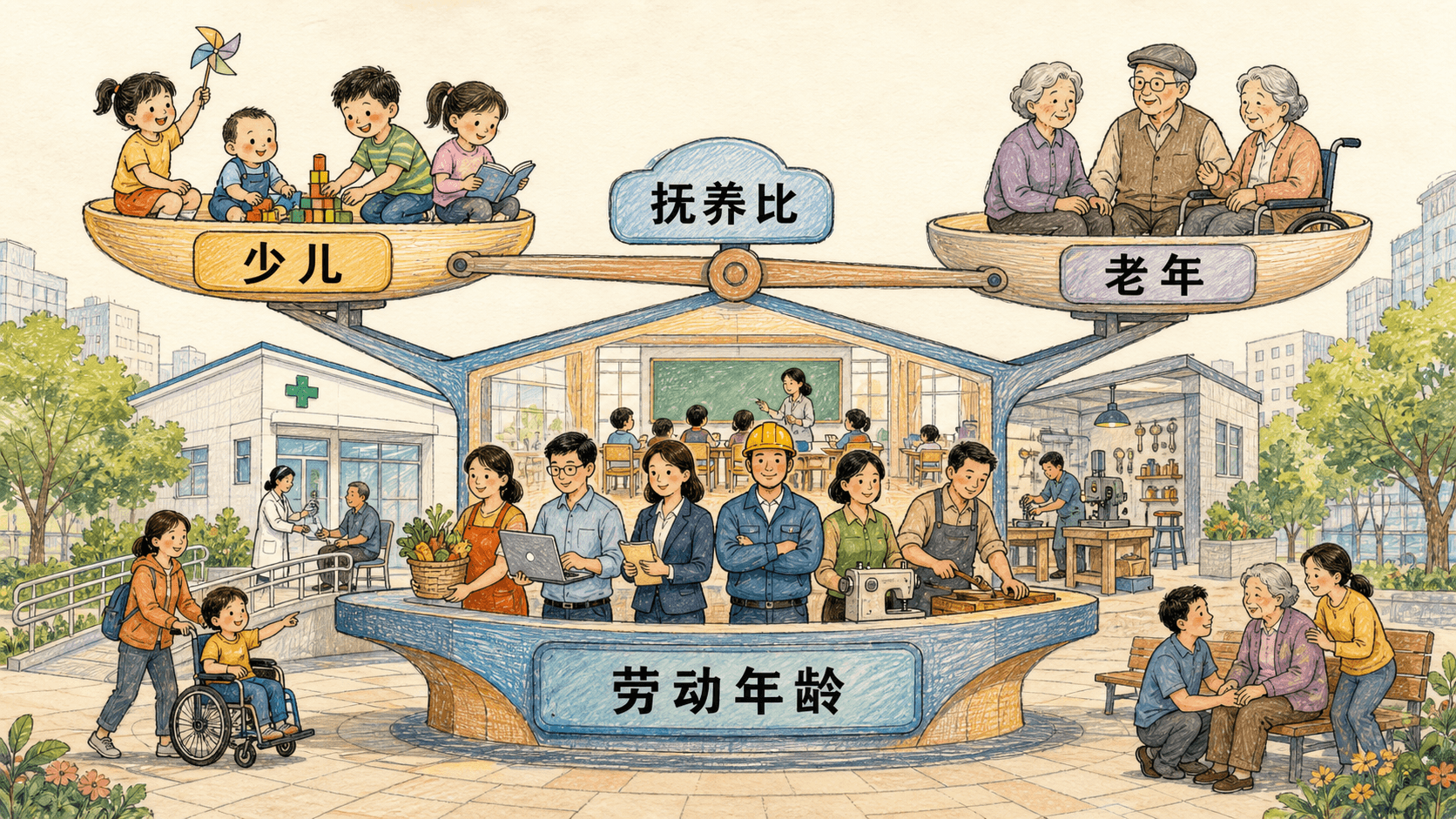 少儿、劳动年龄与老年群体由支持结构相连,服务条件改变抚养比的实际含义