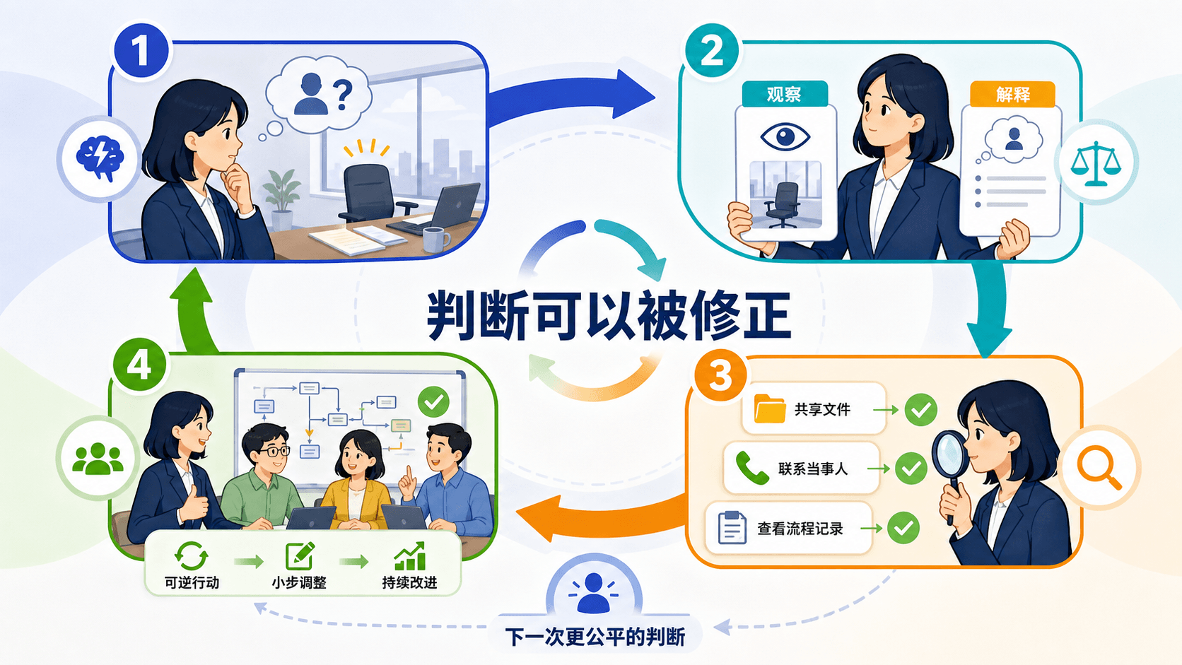从初始判断、证据校正到协作改进的闭环彩色信息图